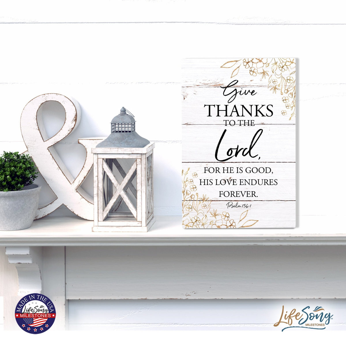Wood Wall Sign with Inspirational Bible Verse Give Thanks To The Lord Table Top Home Office Desk Decoration 5.5x8in - LifeSong Milestones