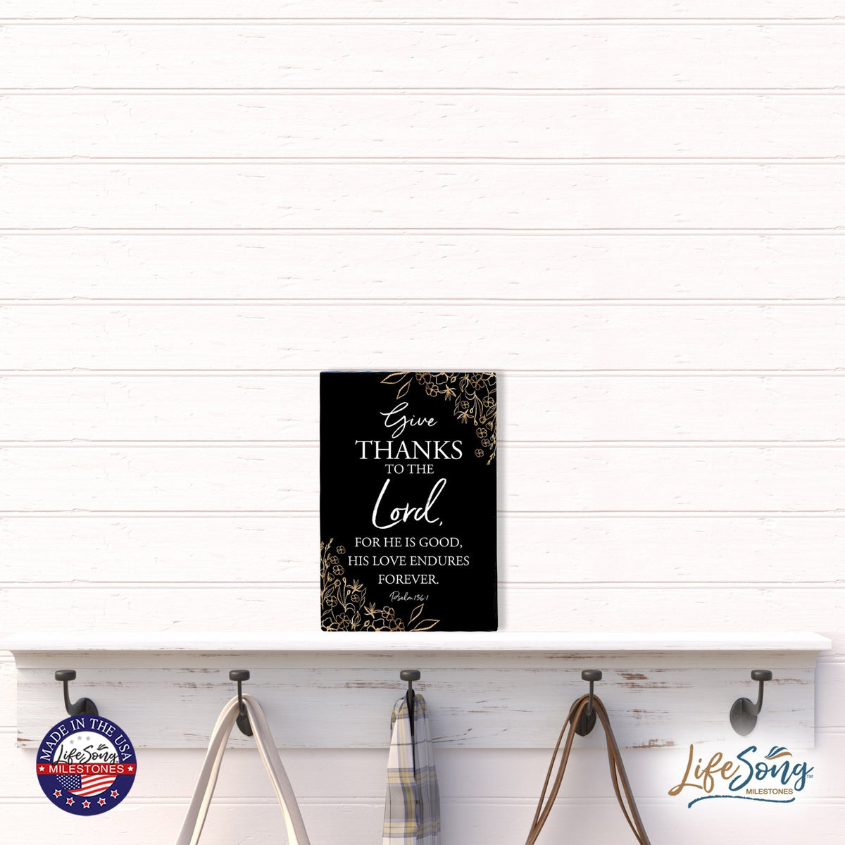 Wood Wall Sign with Inspirational Bible Verse Give Thanks To The Lord Table Top Home Office Desk Decoration 5.5x8in - LifeSong Milestones