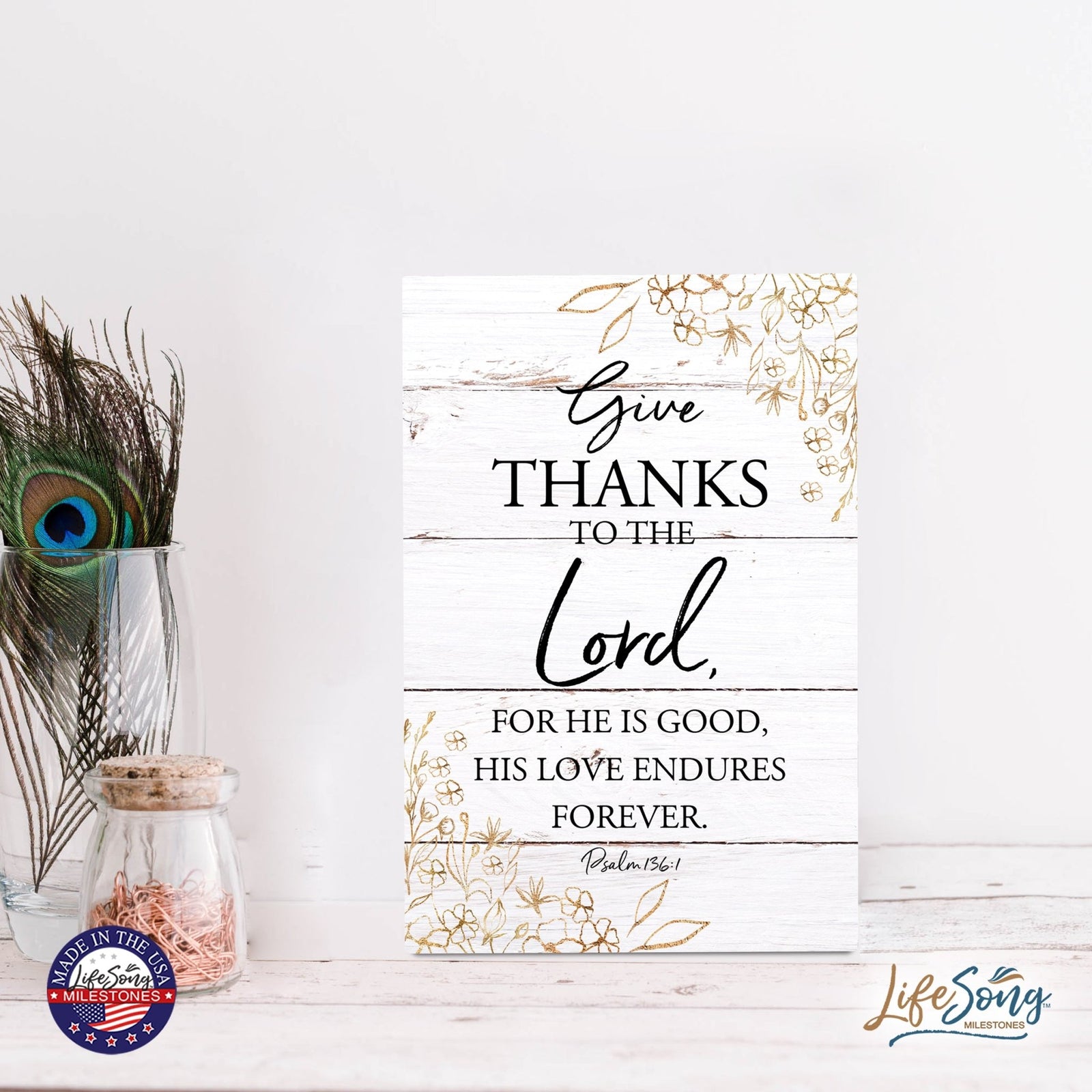Wood Wall Sign with Inspirational Bible Verse Give Thanks To The Lord Table Top Home Office Desk Decoration 5.5x8in - LifeSong Milestones