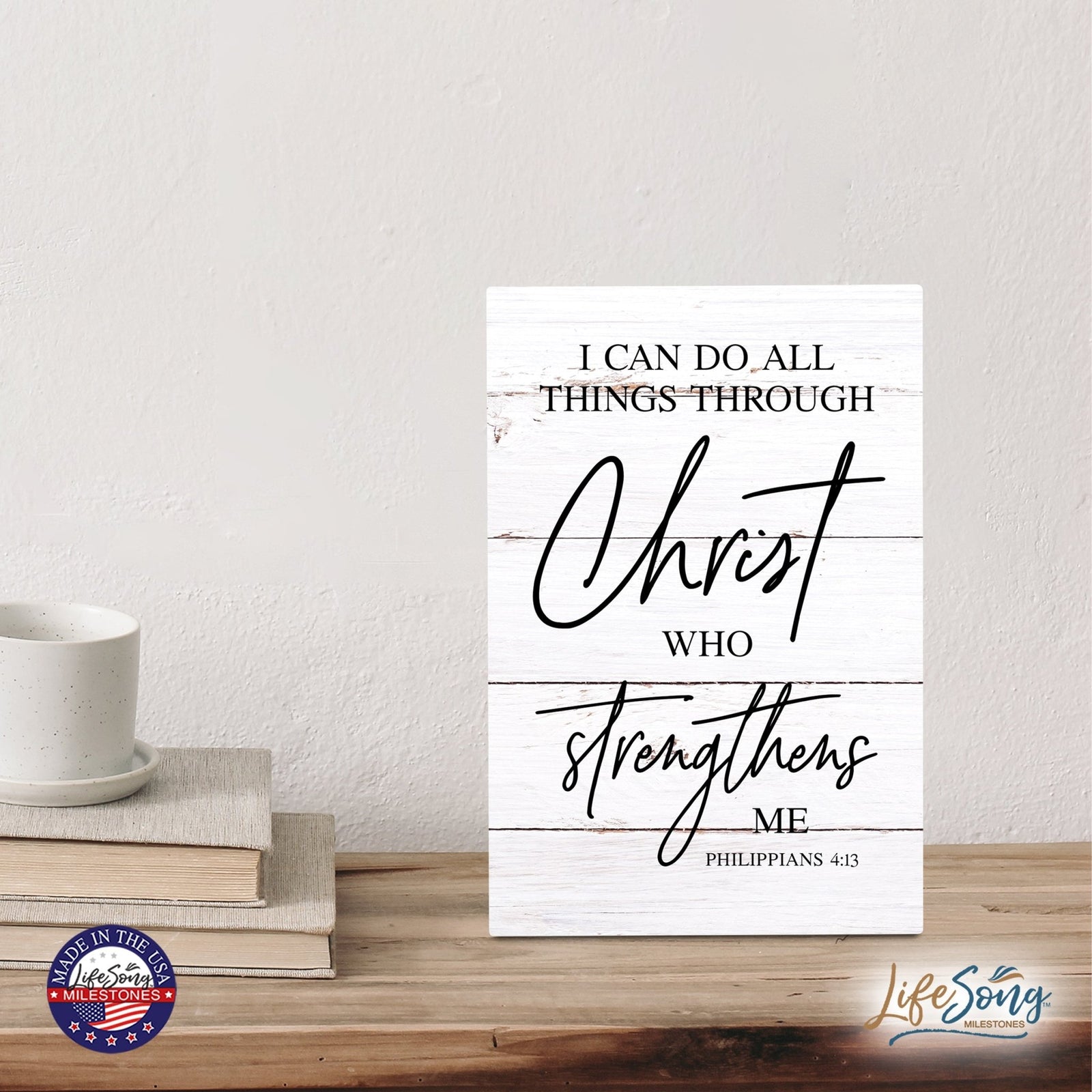 Wood Wall Sign with Inspirational Bible Verse I Can Do All Things Table Top Home Office Desk Decoration 5.5x8in - LifeSong Milestones