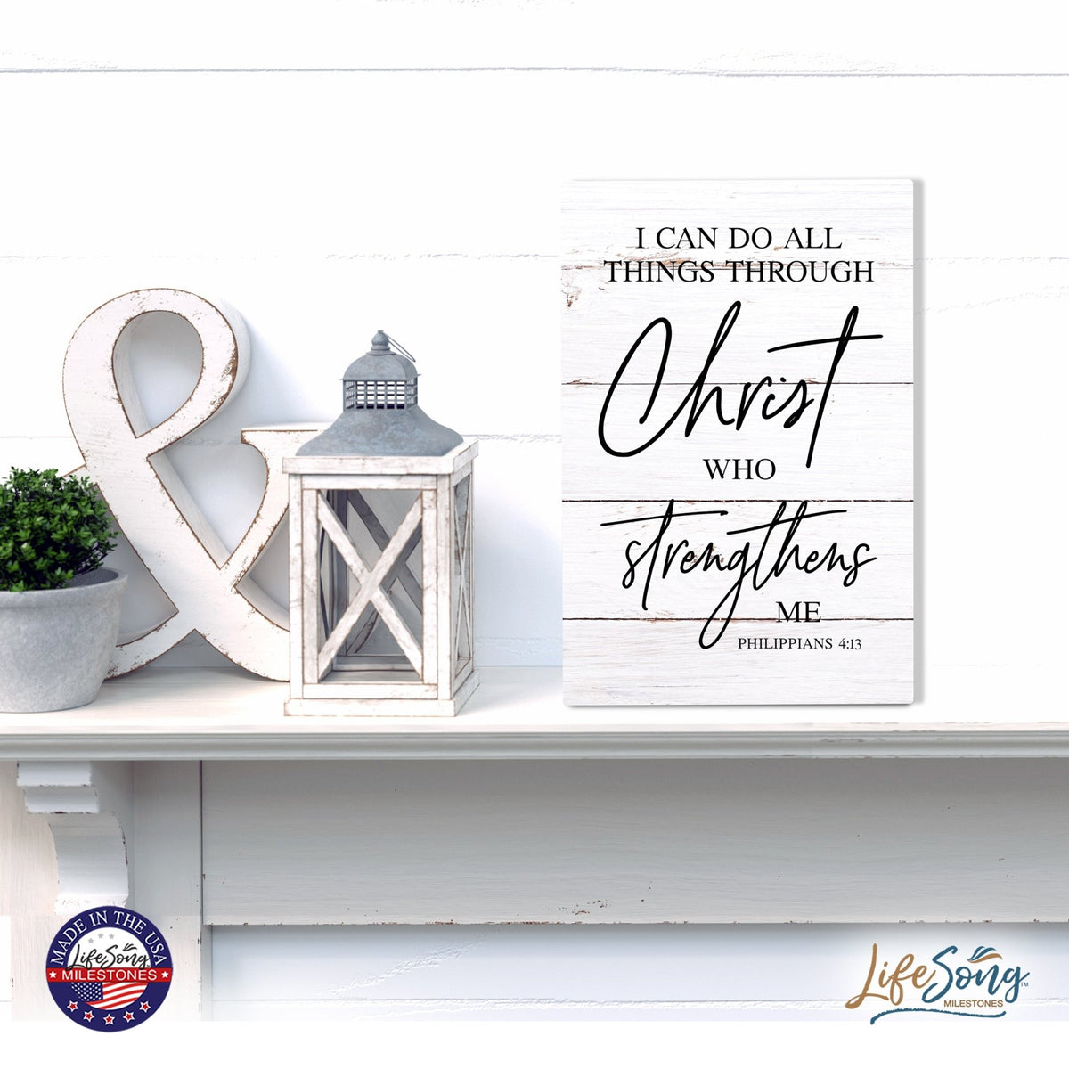 Wood Wall Sign with Inspirational Bible Verse I Can Do All Things Table Top Home Office Desk Decoration 5.5x8in - LifeSong Milestones
