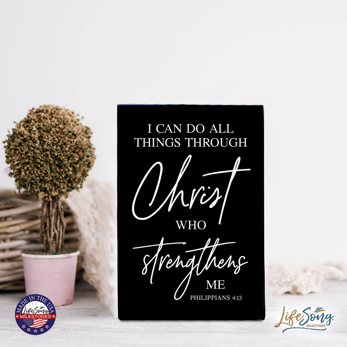 Wood Wall Sign with Inspirational Bible Verse I Can Do All Things Table Top Home Office Desk Decoration 5.5x8in - LifeSong Milestones