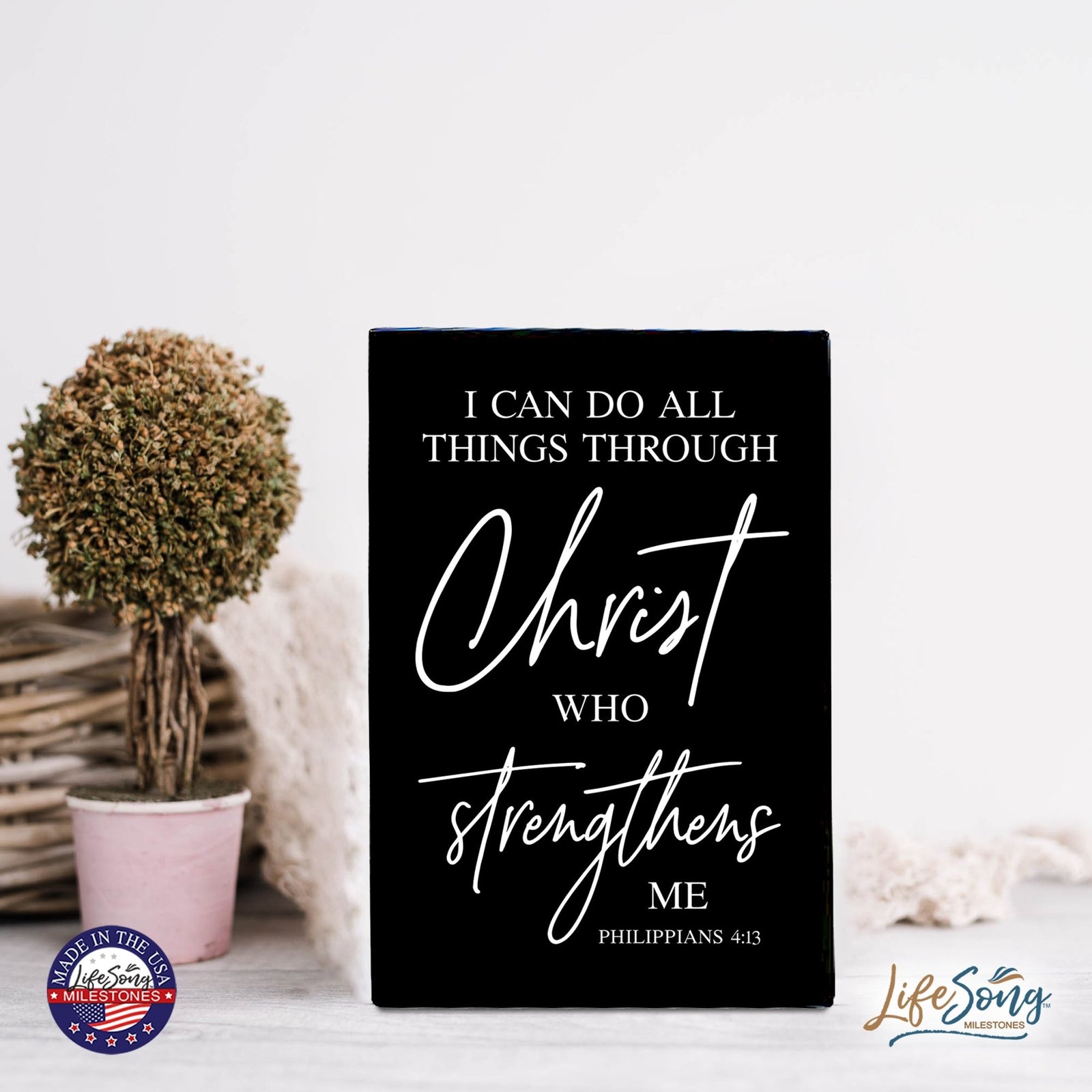 Wood Wall Sign with Inspirational Bible Verse I Can Do All Things Table Top Home Office Desk Decoration 5.5x8in - LifeSong Milestones