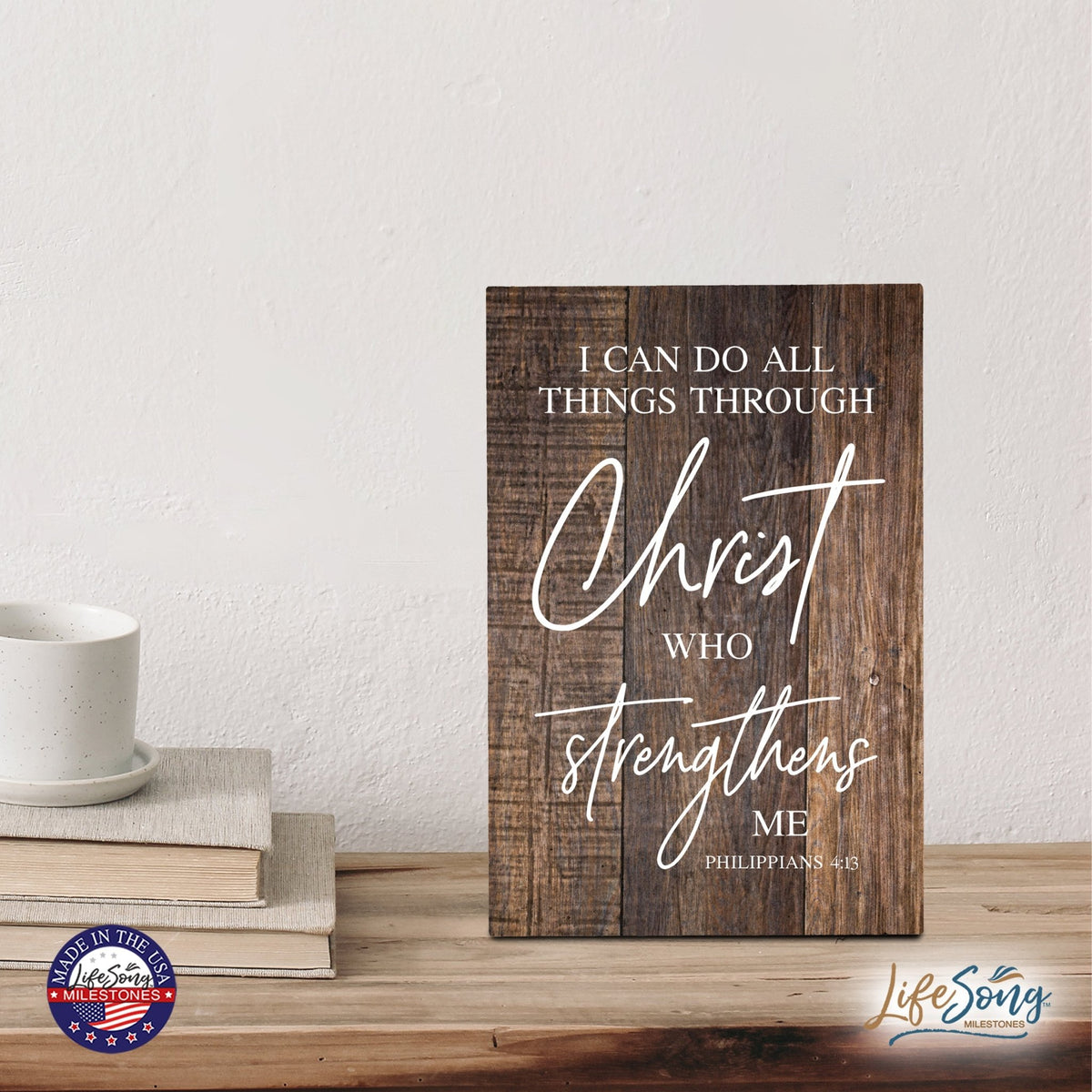 Wood Wall Sign with Inspirational Bible Verse I Can Do All Things Table Top Home Office Desk Decoration 5.5x8in - LifeSong Milestones