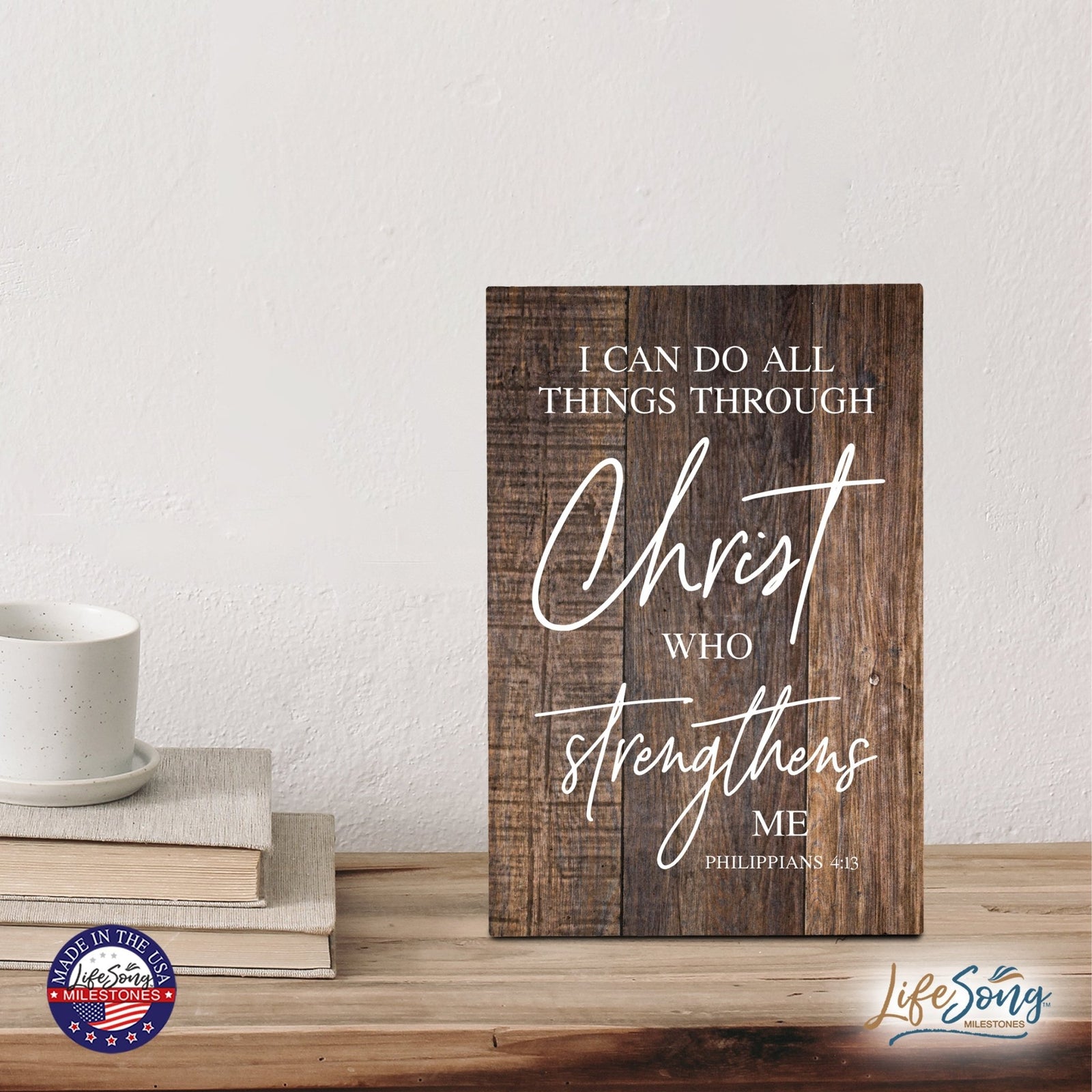 Wood Wall Sign with Inspirational Bible Verse I Can Do All Things Table Top Home Office Desk Decoration 5.5x8in - LifeSong Milestones