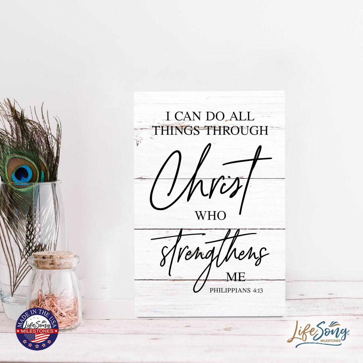 Wood Wall Sign with Inspirational Bible Verse I Can Do All Things Table Top Home Office Desk Decoration 5.5x8in - LifeSong Milestones