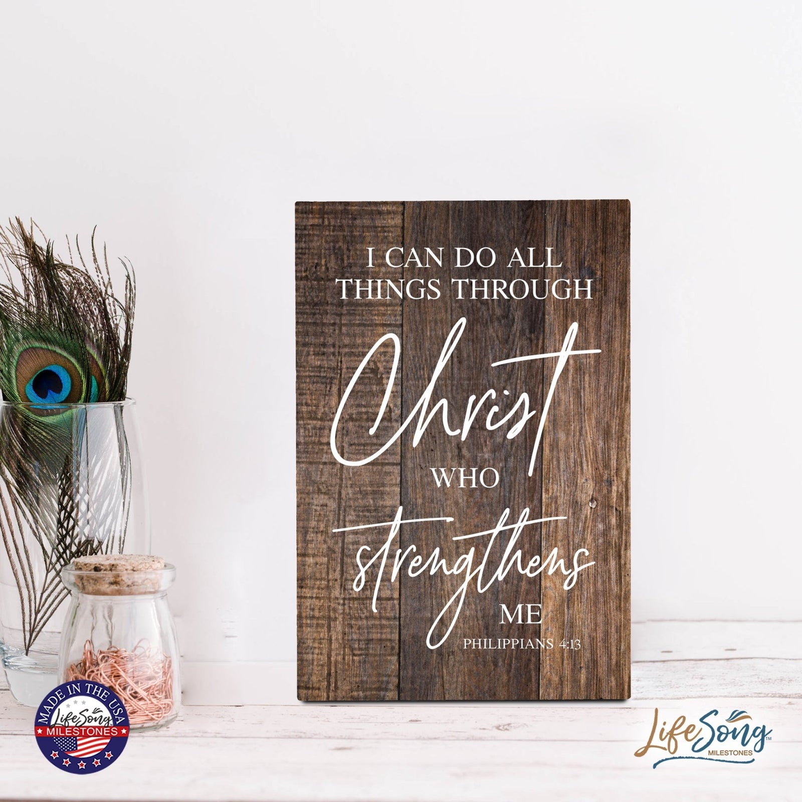 Wood Wall Sign with Inspirational Bible Verse I Can Do All Things Table Top Home Office Desk Decoration 5.5x8in - LifeSong Milestones