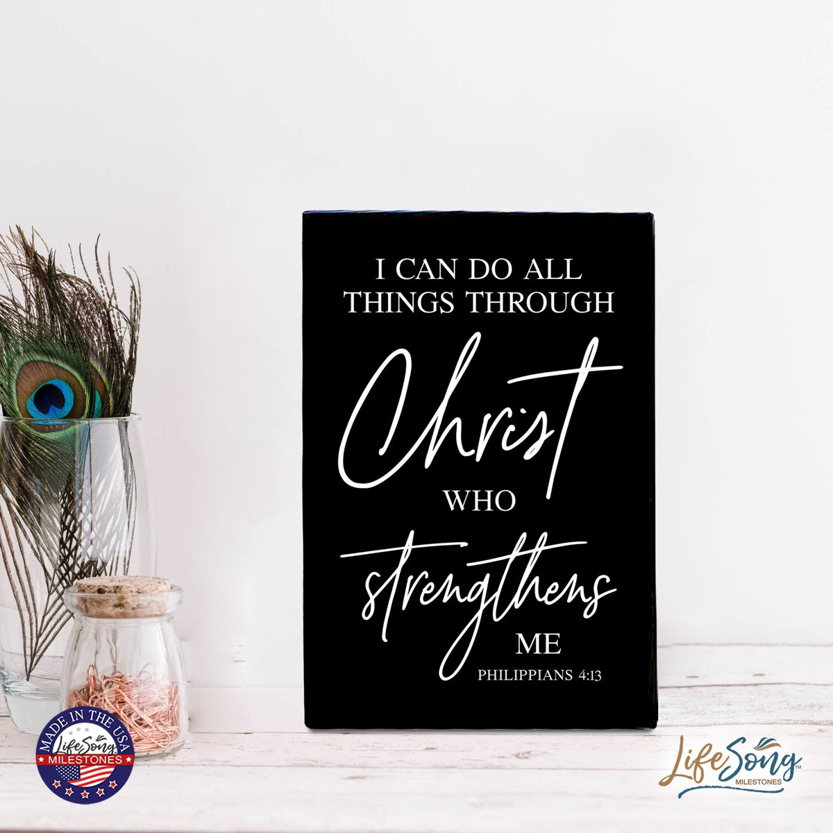 Wood Wall Sign with Inspirational Bible Verse I Can Do All Things Table Top Home Office Desk Decoration 5.5x8in - LifeSong Milestones