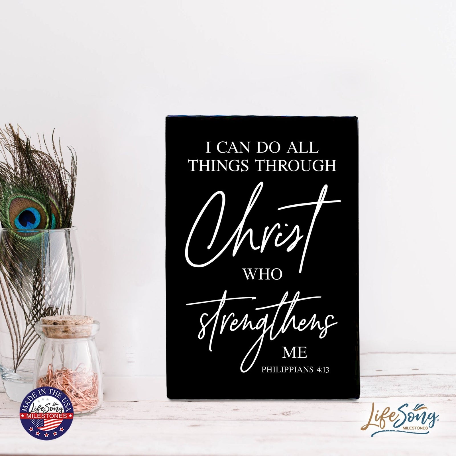 Wood Wall Sign with Inspirational Bible Verse I Can Do All Things Table Top Home Office Desk Decoration 5.5x8in - LifeSong Milestones