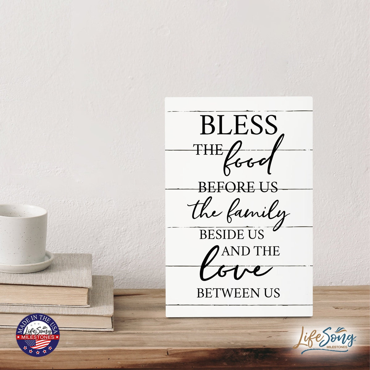 Wood Wall Sign with Inspirational Bible Verse The Food Before Us (The Family) Table Top Home Office Desk Decoration 5.5x8in - LifeSong Milestones