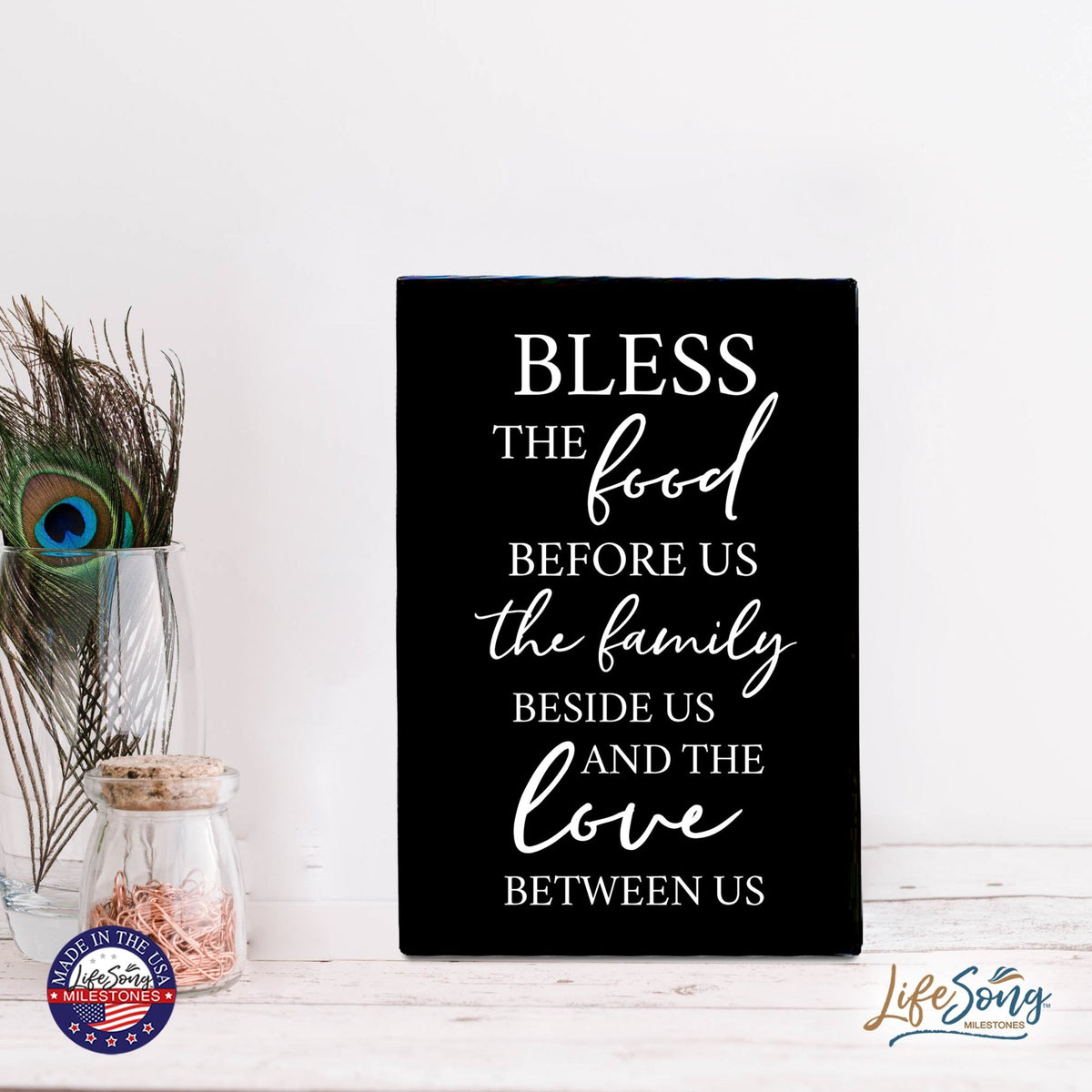 Wood Wall Sign with Inspirational Bible Verse The Food Before Us (The Family) Table Top Home Office Desk Decoration 5.5x8in - LifeSong Milestones