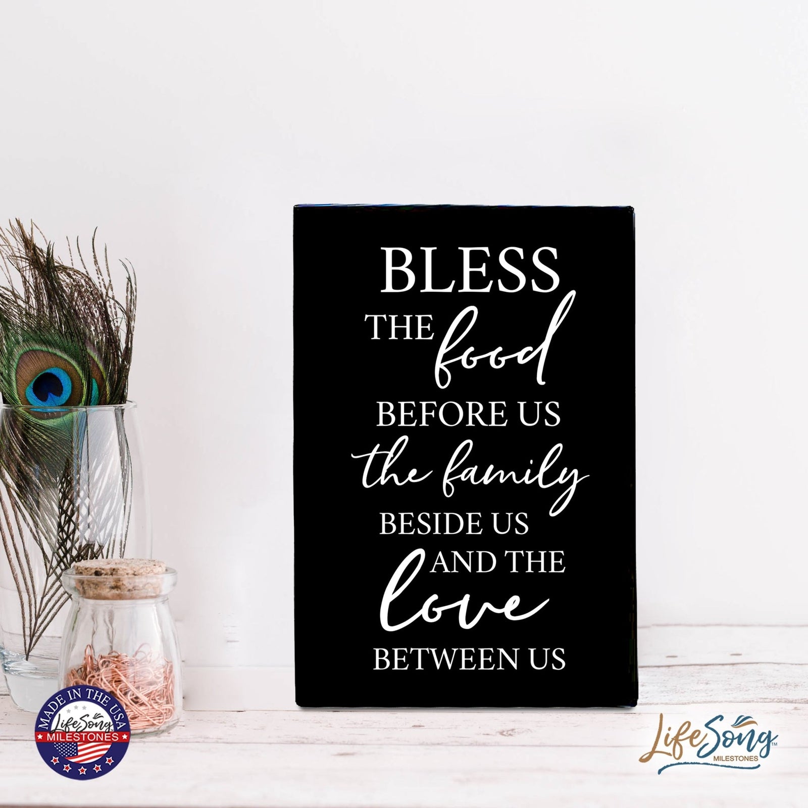 Wood Wall Sign with Inspirational Bible Verse The Food Before Us (The Family) Table Top Home Office Desk Decoration 5.5x8in - LifeSong Milestones