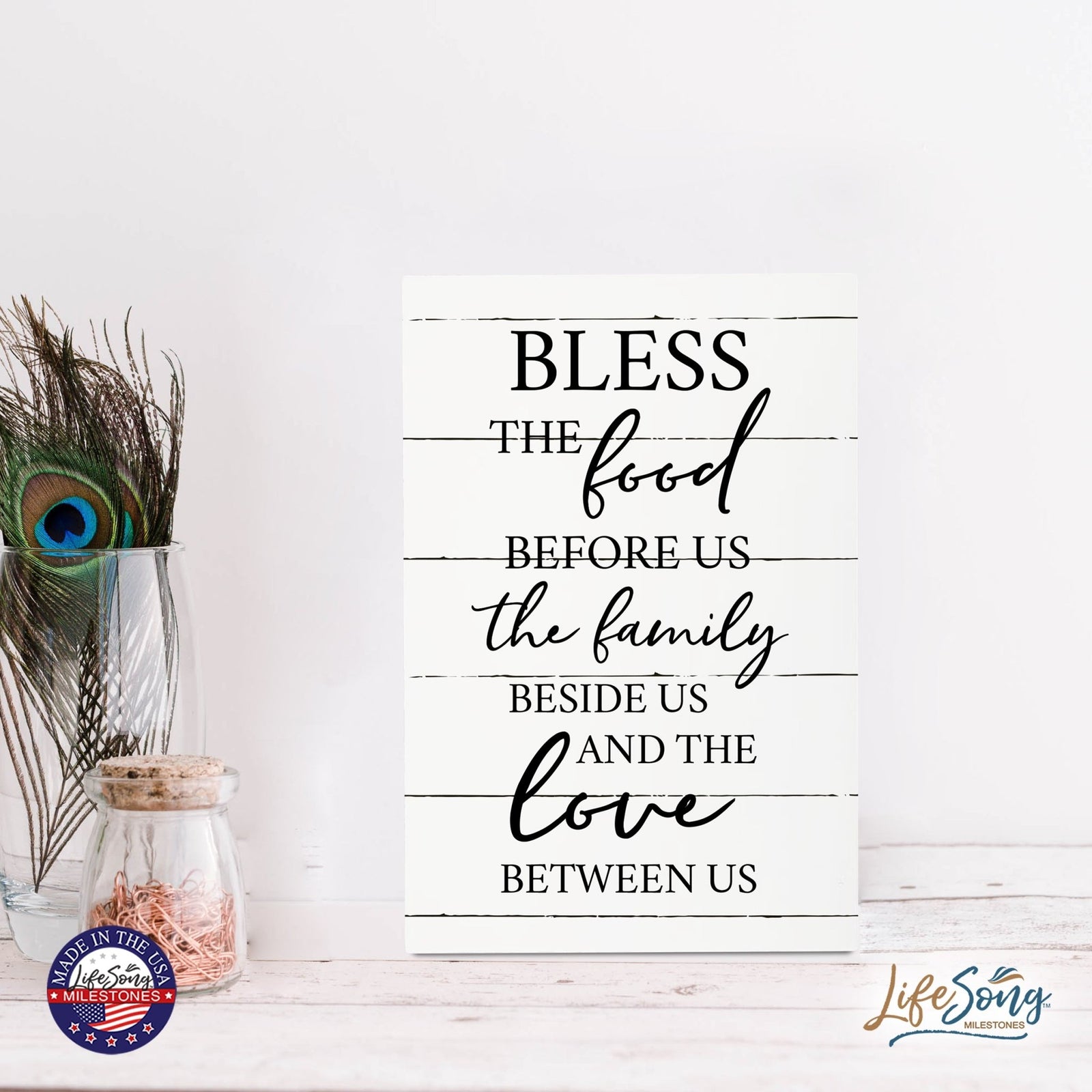 Wood Wall Sign with Inspirational Bible Verse The Food Before Us (The Family) Table Top Home Office Desk Decoration 5.5x8in - LifeSong Milestones