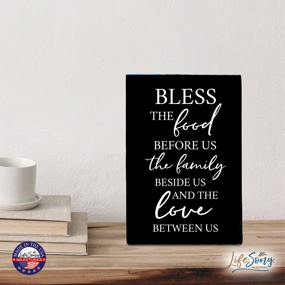 Wood Wall Sign with Inspirational Bible Verse The Food Before Us (The Family) Table Top Home Office Desk Decoration 5.5x8in - LifeSong Milestones