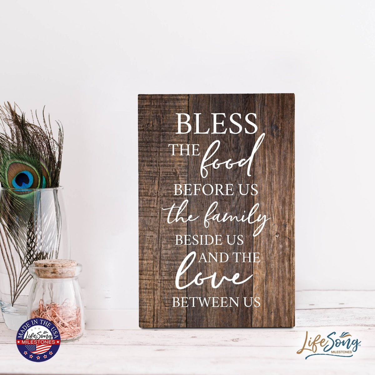 Wood Wall Sign with Inspirational Bible Verse The Food Before Us (The Family) Table Top Home Office Desk Decoration 5.5x8in - LifeSong Milestones