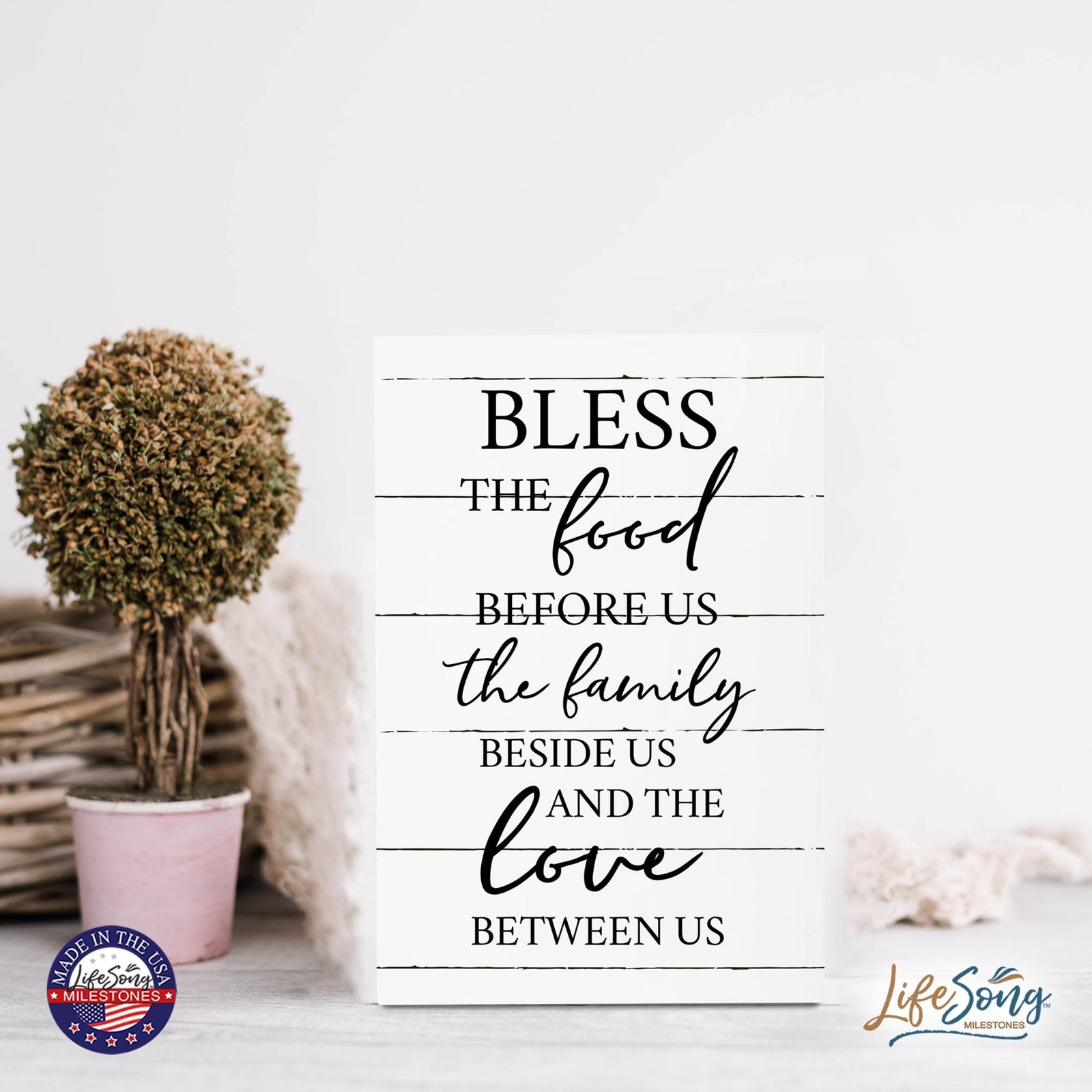 Wood Wall Sign with Inspirational Bible Verse The Food Before Us (The Family) Table Top Home Office Desk Decoration 5.5x8in - LifeSong Milestones