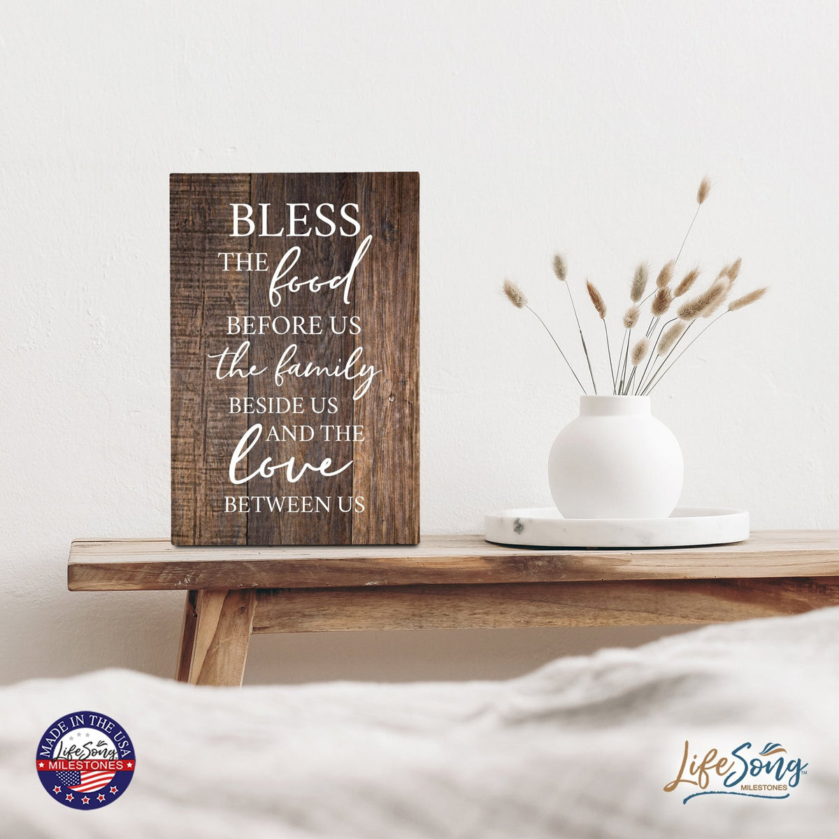 Wood Wall Sign with Inspirational Bible Verse The Food Before Us (The Family) Table Top Home Office Desk Decoration 5.5x8in - LifeSong Milestones