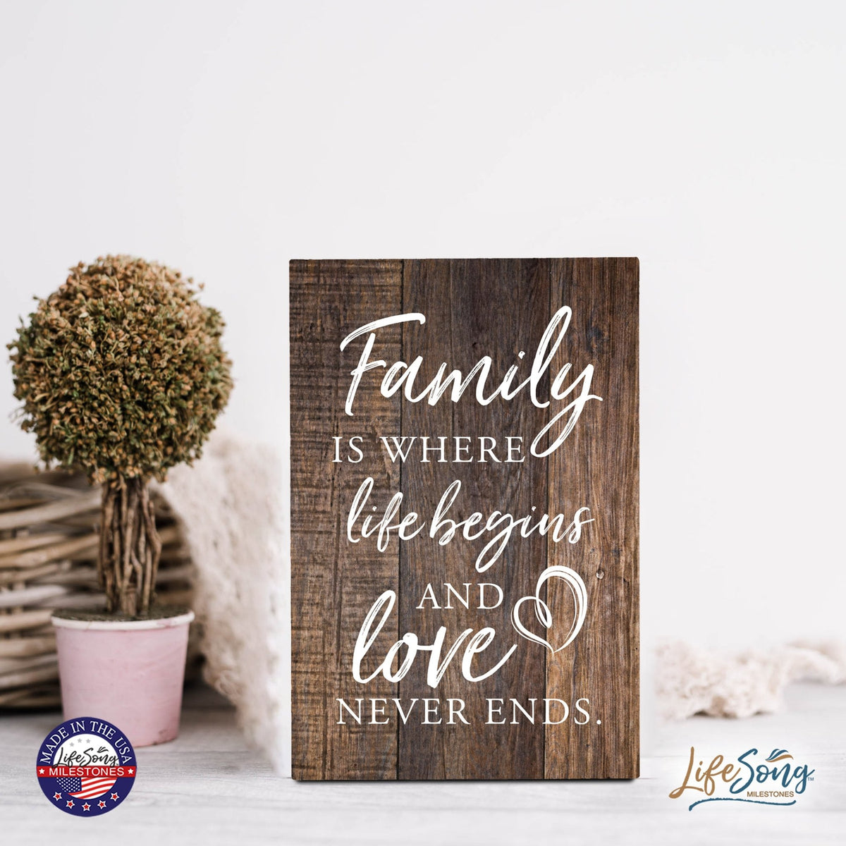 Wood Wall Sign with Inspirational Quote Family Where Life Begins (Flower) Table Top Home Office Desk Decoration 5.5x8in - LifeSong Milestones