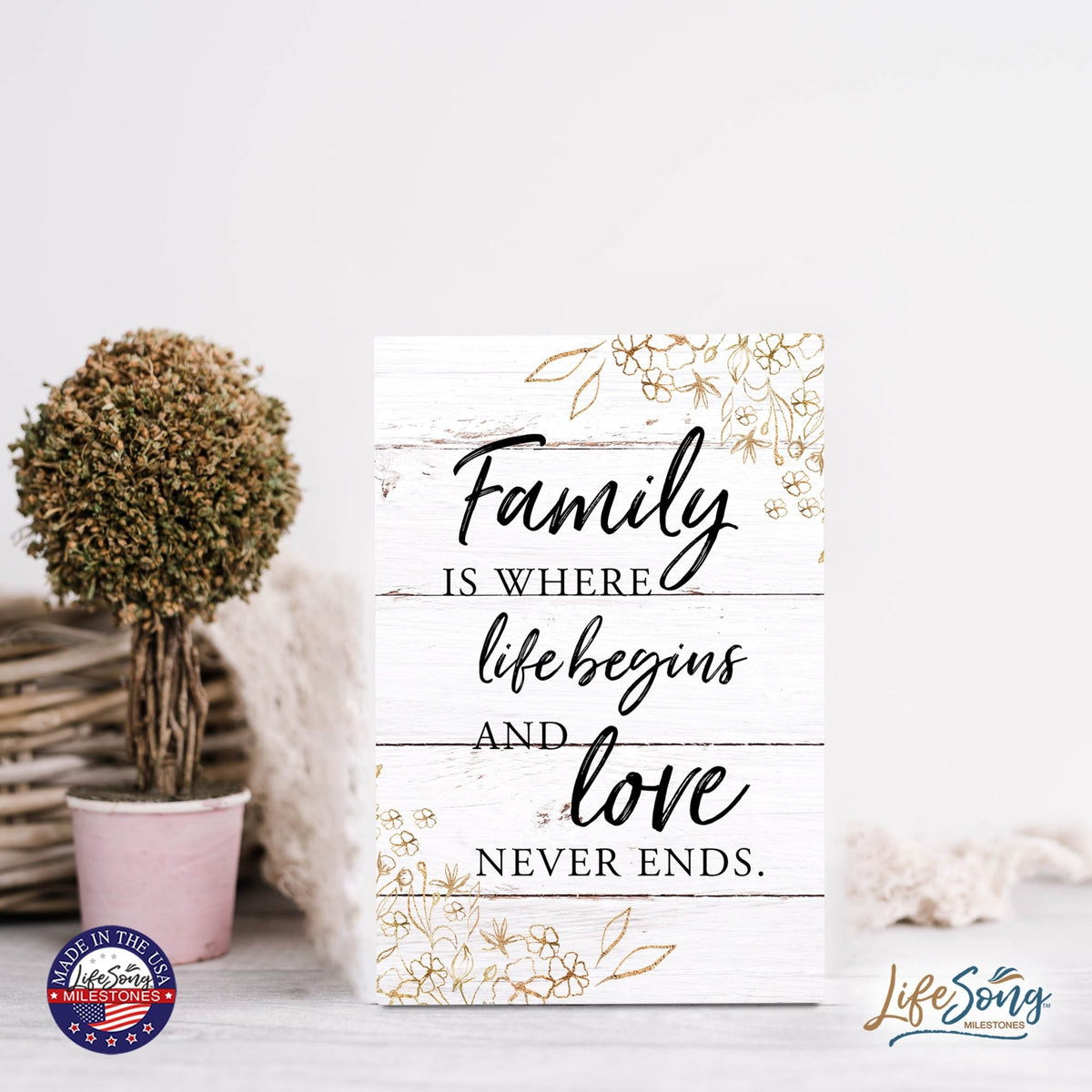 Wood Wall Sign with Inspirational Quote Family Where Life Begins (Flower) Table Top Home Office Desk Decoration 5.5x8in - LifeSong Milestones