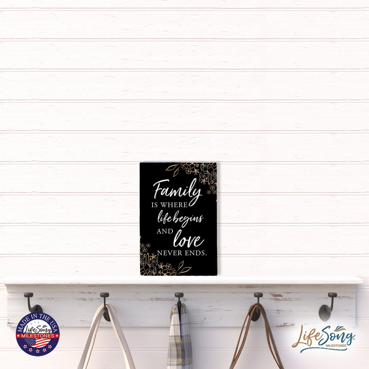 Wood Wall Sign with Inspirational Quote Family Where Life Begins (Flower) Table Top Home Office Desk Decoration 5.5x8in - LifeSong Milestones