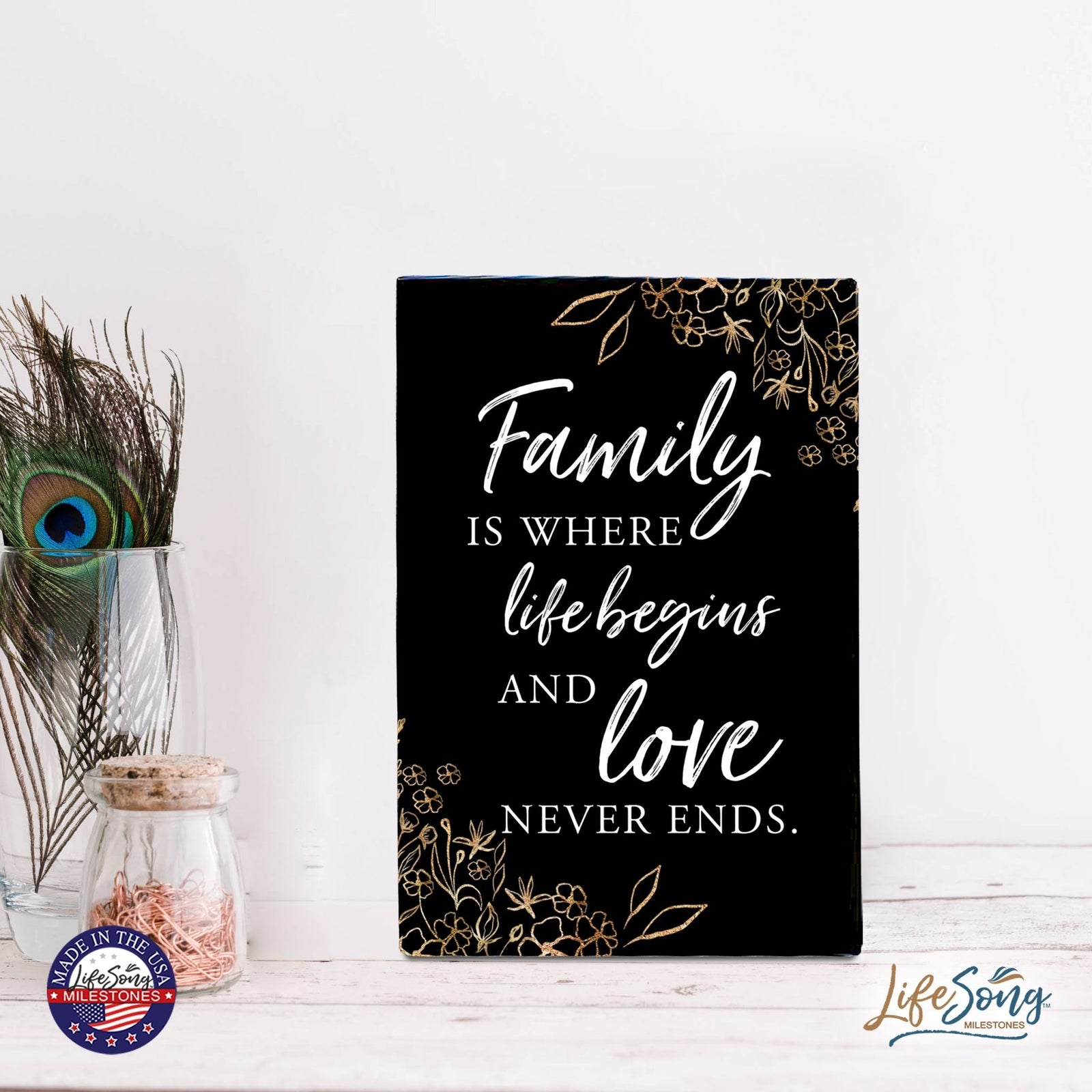 Wood Wall Sign with Inspirational Quote Family Where Life Begins (Flower) Table Top Home Office Desk Decoration 5.5x8in - LifeSong Milestones