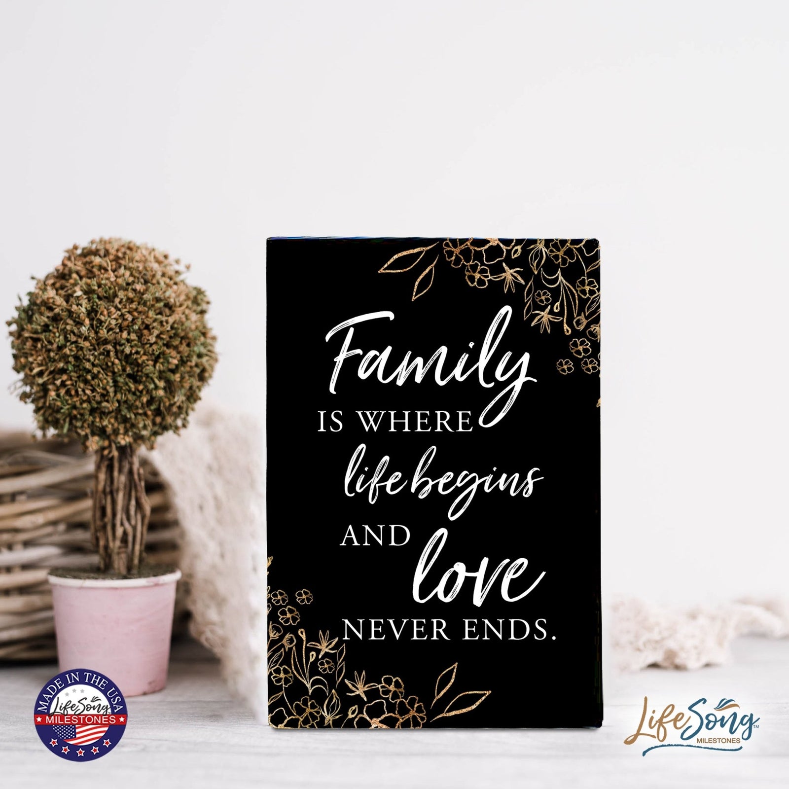 Wood Wall Sign with Inspirational Quote Family Where Life Begins (Flower) Table Top Home Office Desk Decoration 5.5x8in - LifeSong Milestones