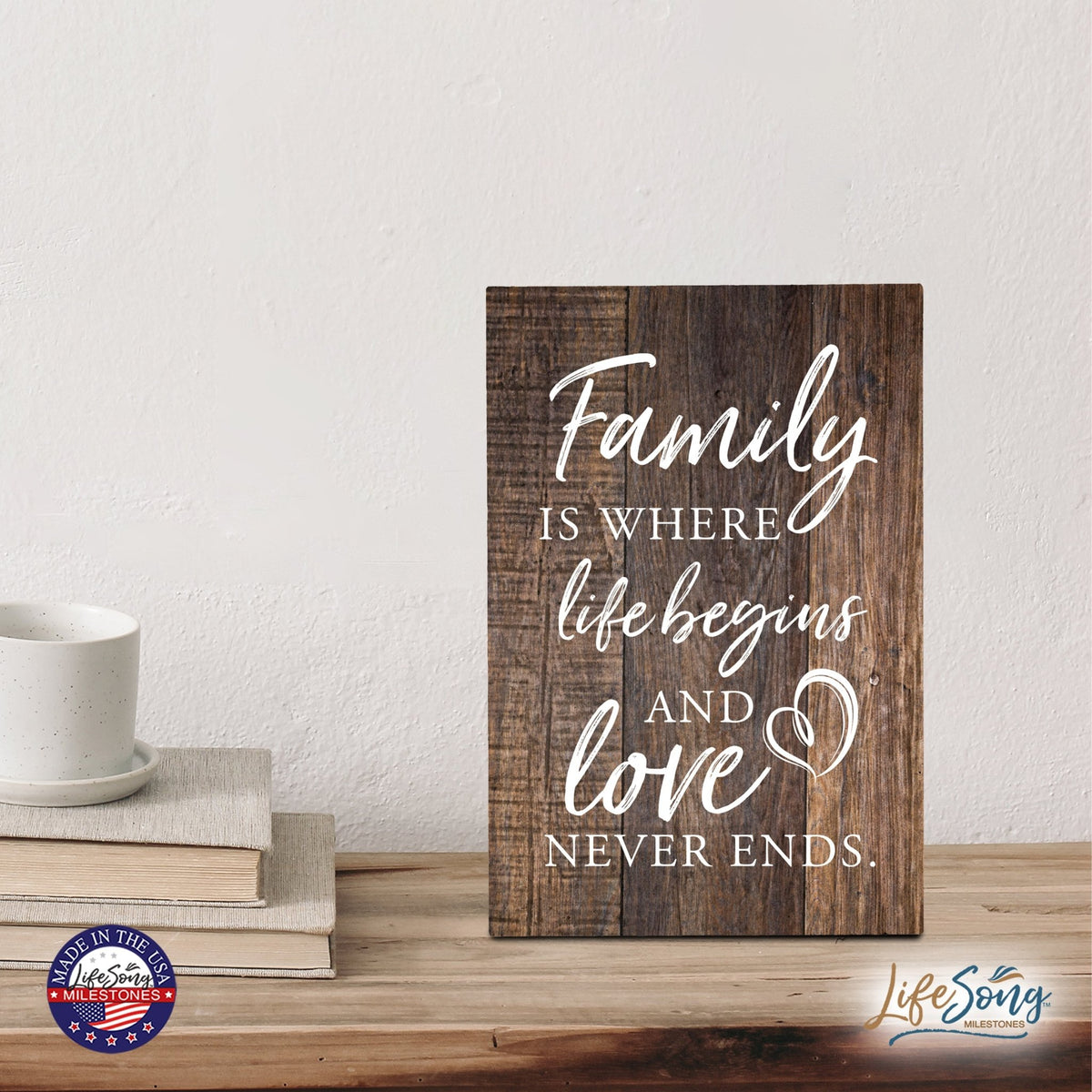 Wood Wall Sign with Inspirational Quote Family Where Life Begins (Flower) Table Top Home Office Desk Decoration 5.5x8in - LifeSong Milestones