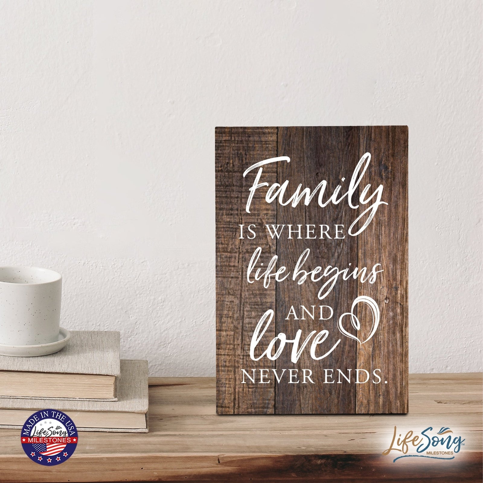 Wood Wall Sign with Inspirational Quote Family Where Life Begins (Flower) Table Top Home Office Desk Decoration 5.5x8in - LifeSong Milestones