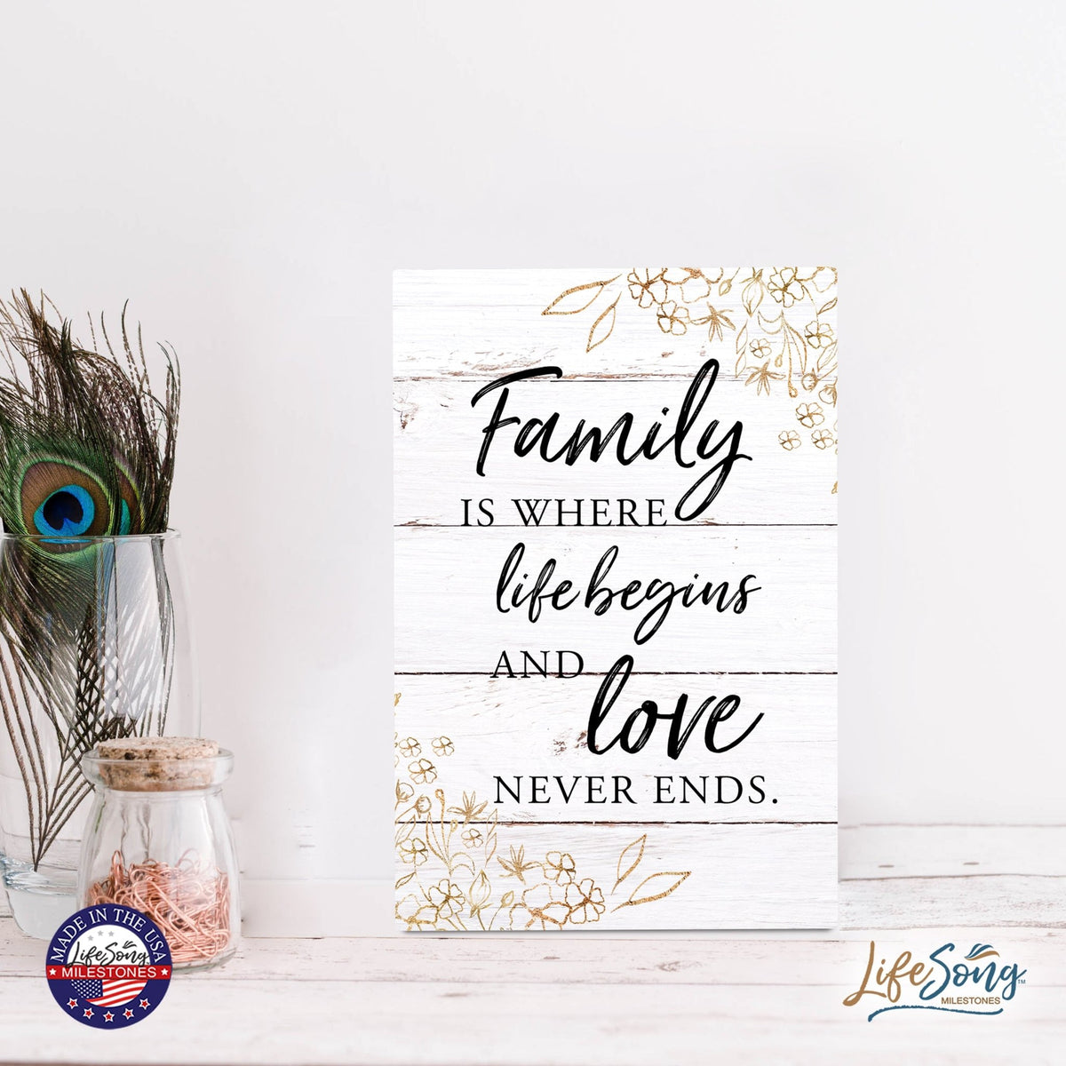 Wood Wall Sign with Inspirational Quote Family Where Life Begins (Flower) Table Top Home Office Desk Decoration 5.5x8in - LifeSong Milestones