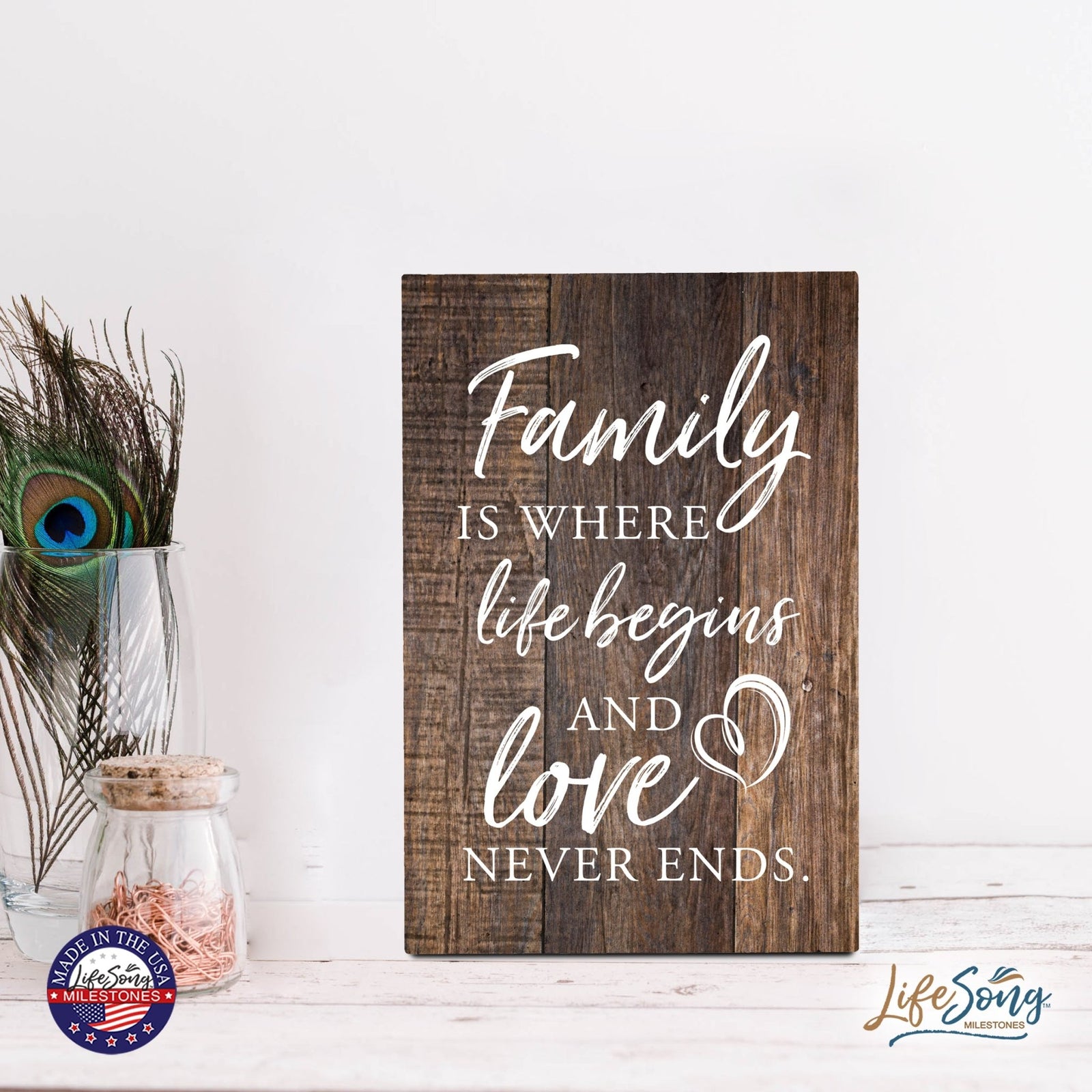 Wood Wall Sign with Inspirational Quote Family Where Life Begins (Flower) Table Top Home Office Desk Decoration 5.5x8in - LifeSong Milestones