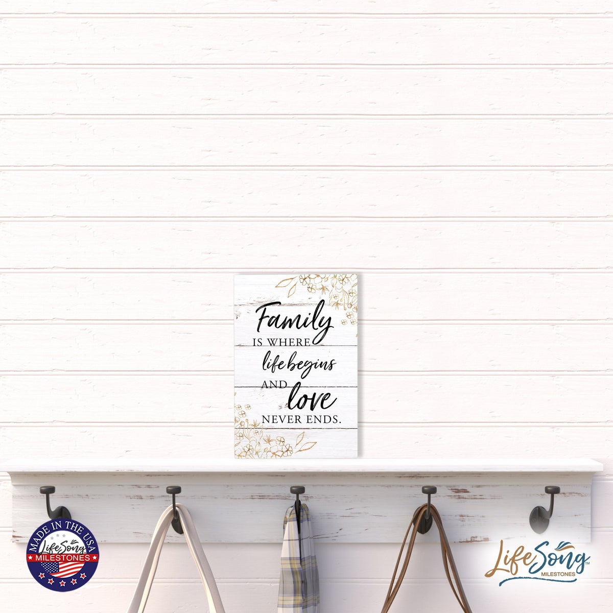 Wood Wall Sign with Inspirational Quote Family Where Life Begins (Flower) Table Top Home Office Desk Decoration 5.5x8in - LifeSong Milestones