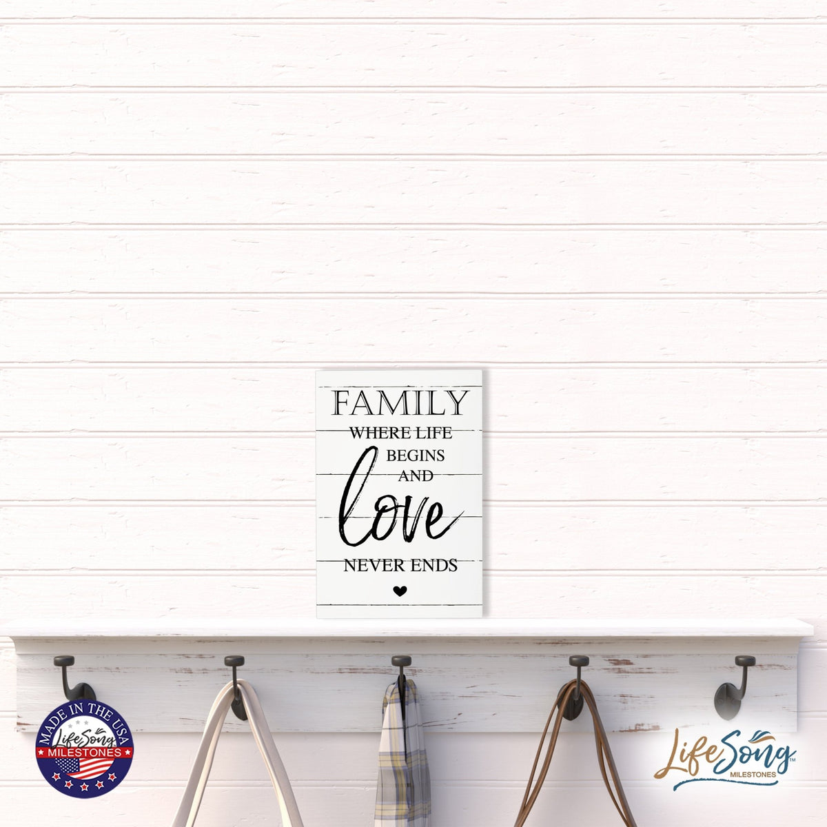 Wood Wall Sign with Inspirational Quote Family Where Life Begins (Heart) Table Top Home Office Desk Decoration 5.5x8in - LifeSong Milestones