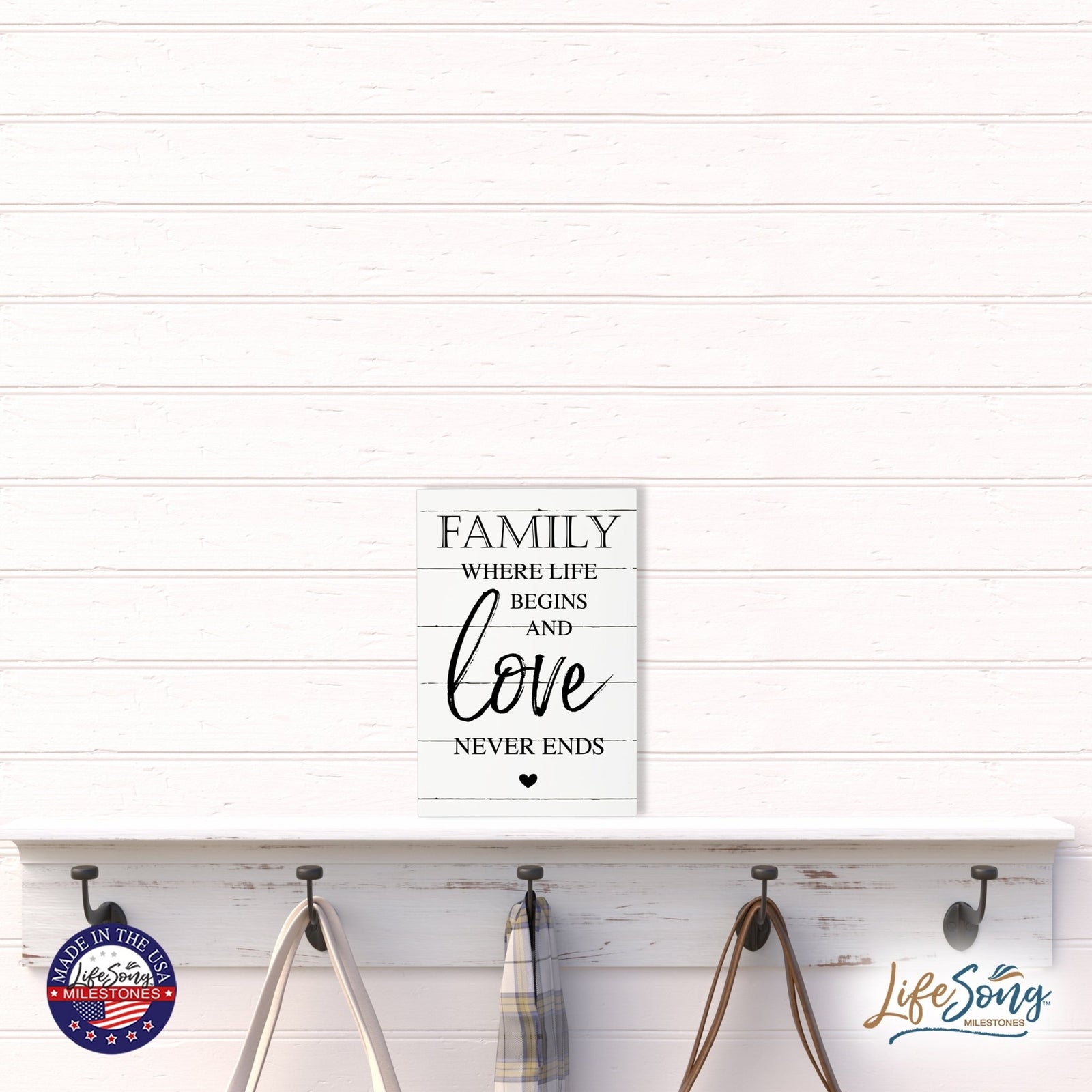 Wood Wall Sign with Inspirational Quote Family Where Life Begins (Heart) Table Top Home Office Desk Decoration 5.5x8in - LifeSong Milestones