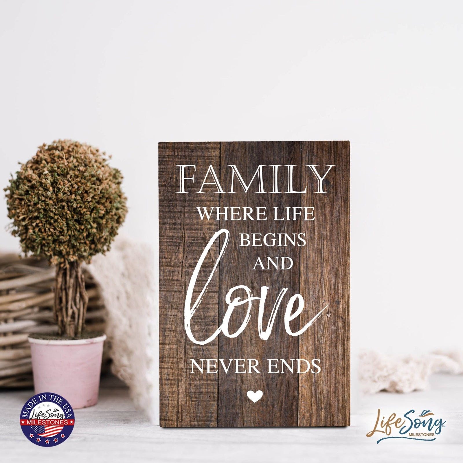 Wood Wall Sign with Inspirational Quote Family Where Life Begins (Heart) Table Top Home Office Desk Decoration 5.5x8in - LifeSong Milestones