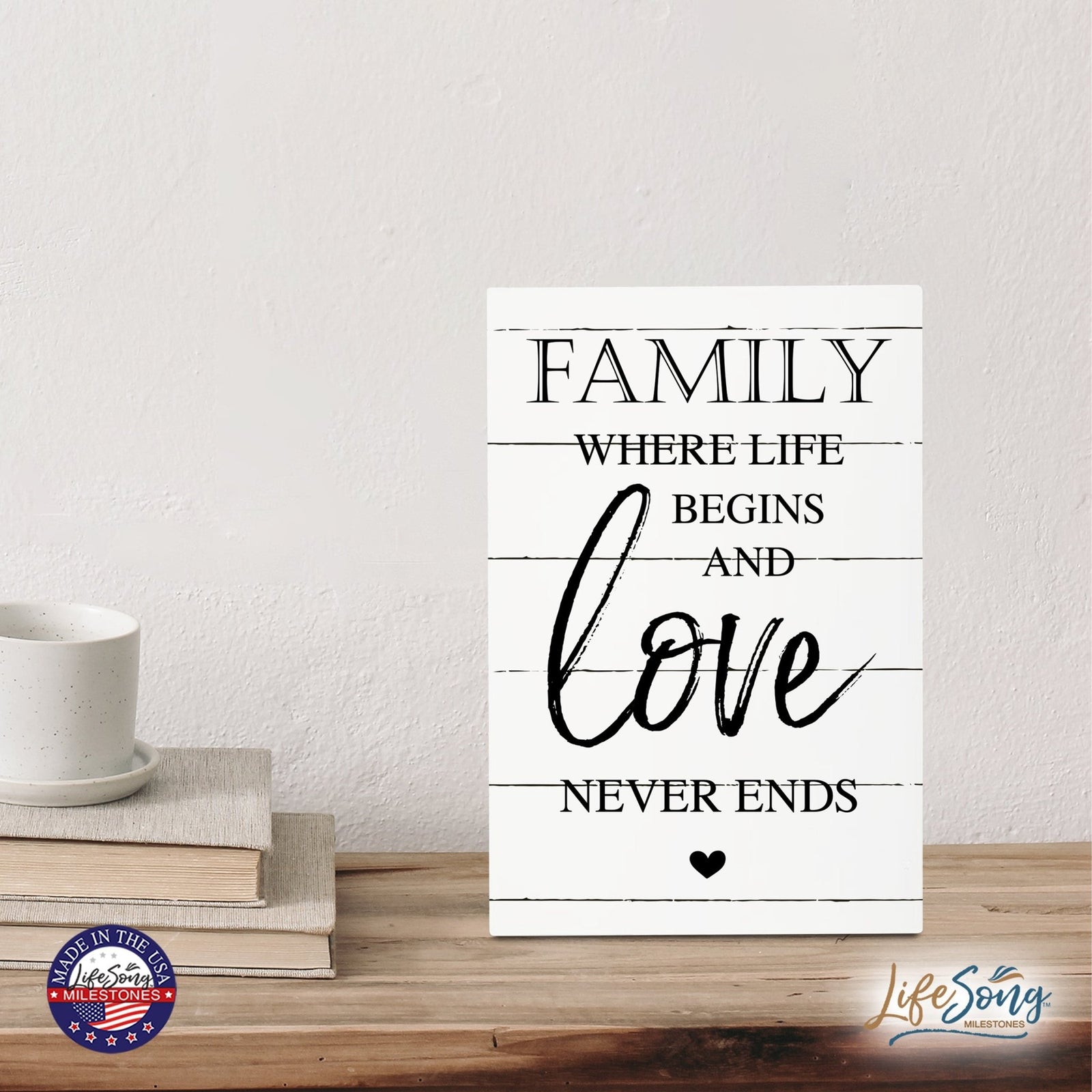 Wood Wall Sign with Inspirational Quote Family Where Life Begins (Heart) Table Top Home Office Desk Decoration 5.5x8in - LifeSong Milestones