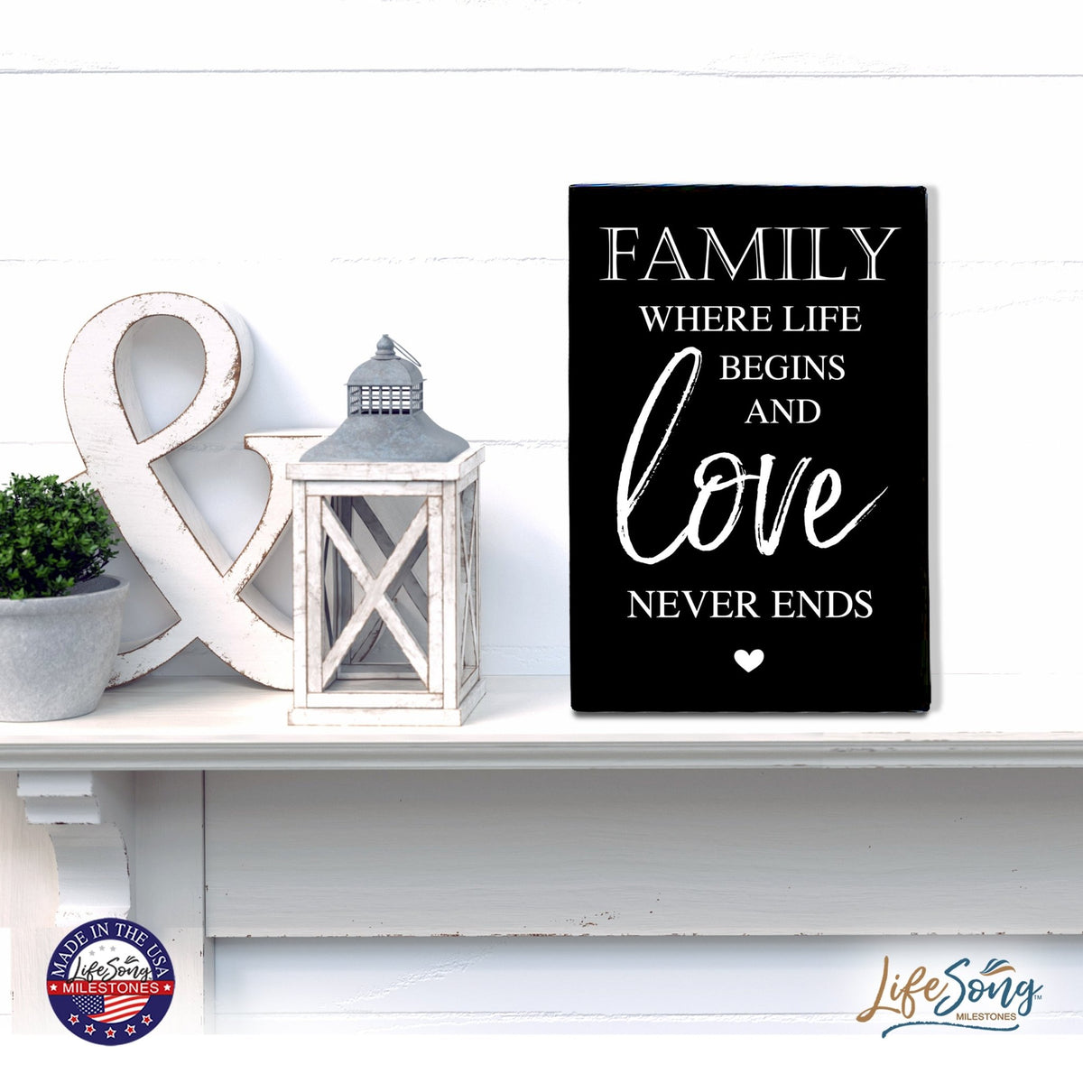Wood Wall Sign with Inspirational Quote Family Where Life Begins (Heart) Table Top Home Office Desk Decoration 5.5x8in - LifeSong Milestones