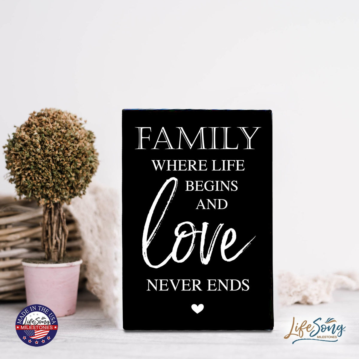 Wood Wall Sign with Inspirational Quote Family Where Life Begins (Heart) Table Top Home Office Desk Decoration 5.5x8in - LifeSong Milestones