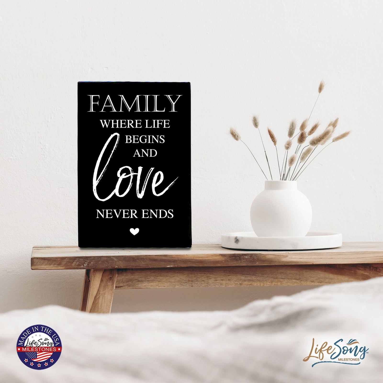 Wood Wall Sign with Inspirational Quote Family Where Life Begins (Heart) Table Top Home Office Desk Decoration 5.5x8in - LifeSong Milestones