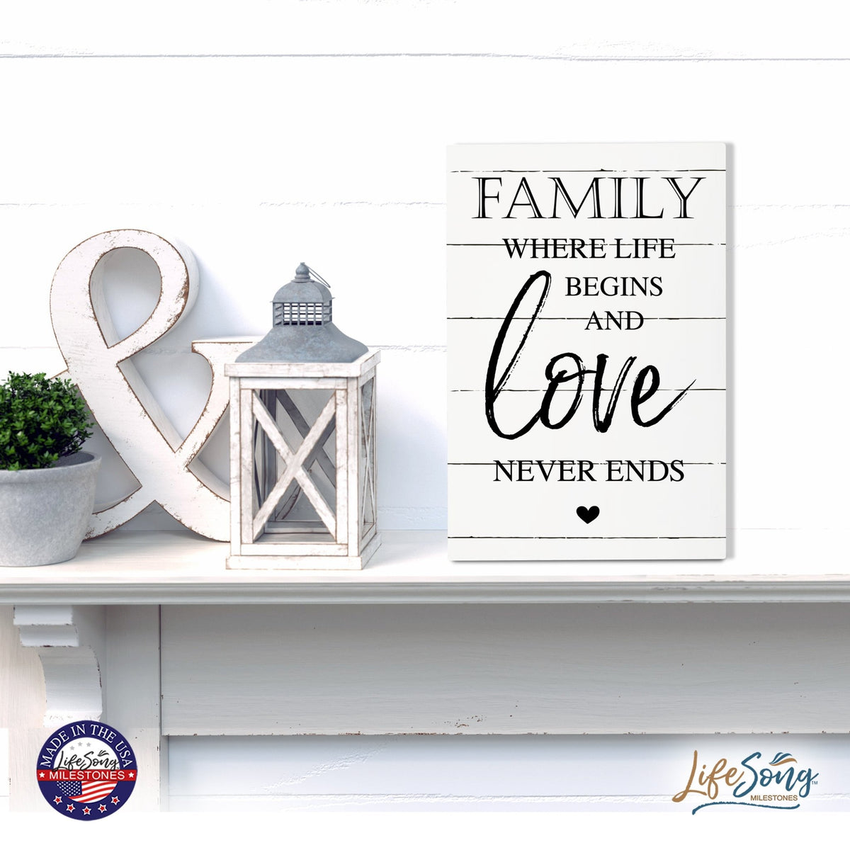Wood Wall Sign with Inspirational Quote Family Where Life Begins (Heart) Table Top Home Office Desk Decoration 5.5x8in - LifeSong Milestones