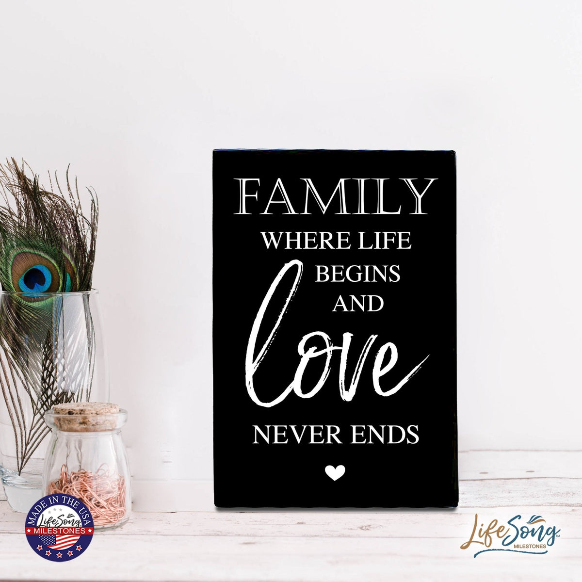 Wood Wall Sign with Inspirational Quote Family Where Life Begins (Heart) Table Top Home Office Desk Decoration 5.5x8in - LifeSong Milestones