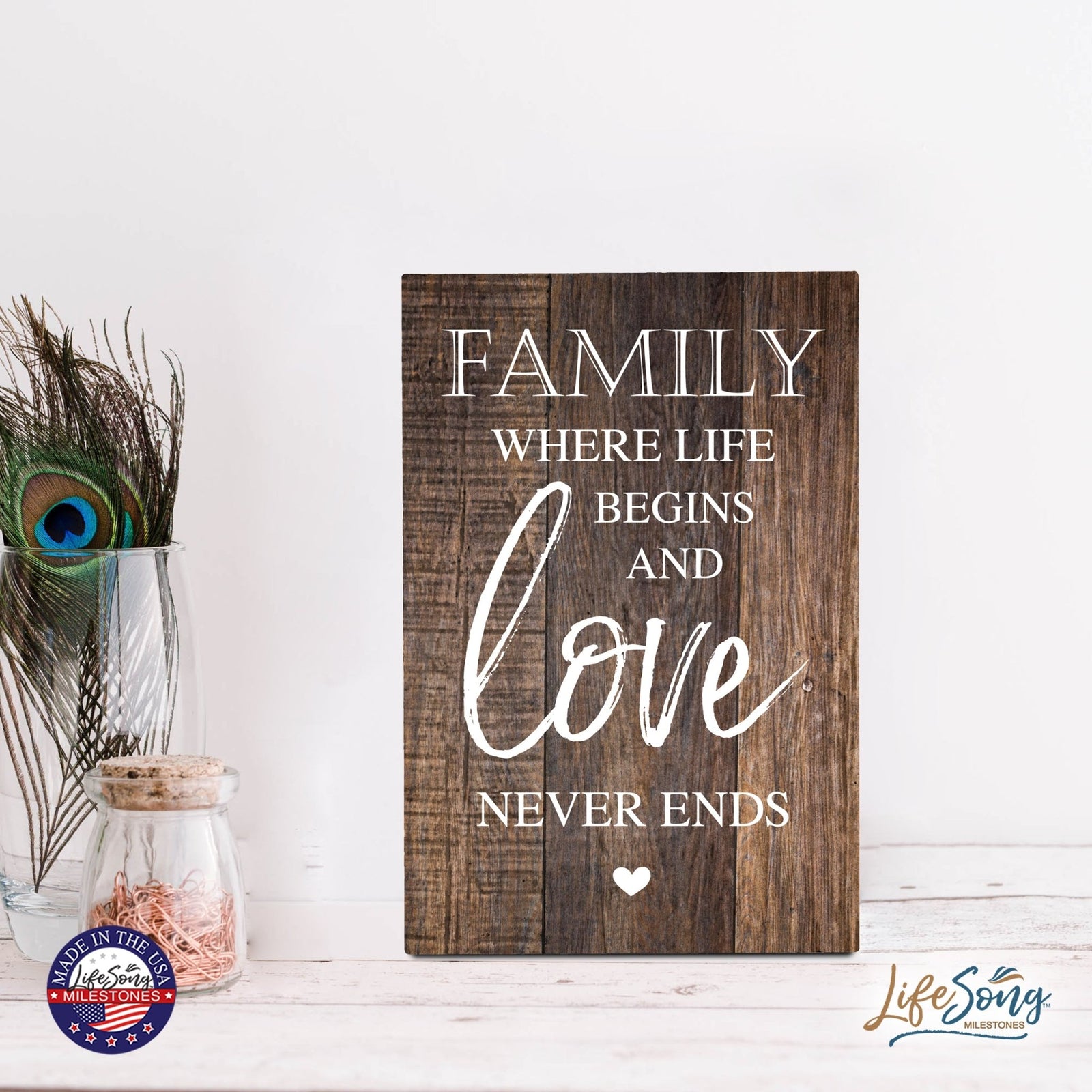 Wood Wall Sign with Inspirational Quote Family Where Life Begins (Heart) Table Top Home Office Desk Decoration 5.5x8in - LifeSong Milestones