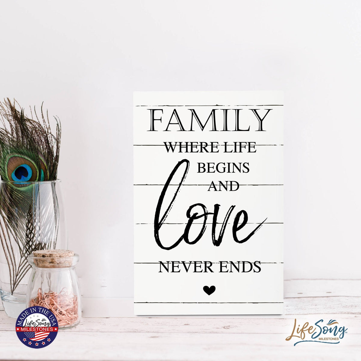 Wood Wall Sign with Inspirational Quote Family Where Life Begins (Heart) Table Top Home Office Desk Decoration 5.5x8in - LifeSong Milestones