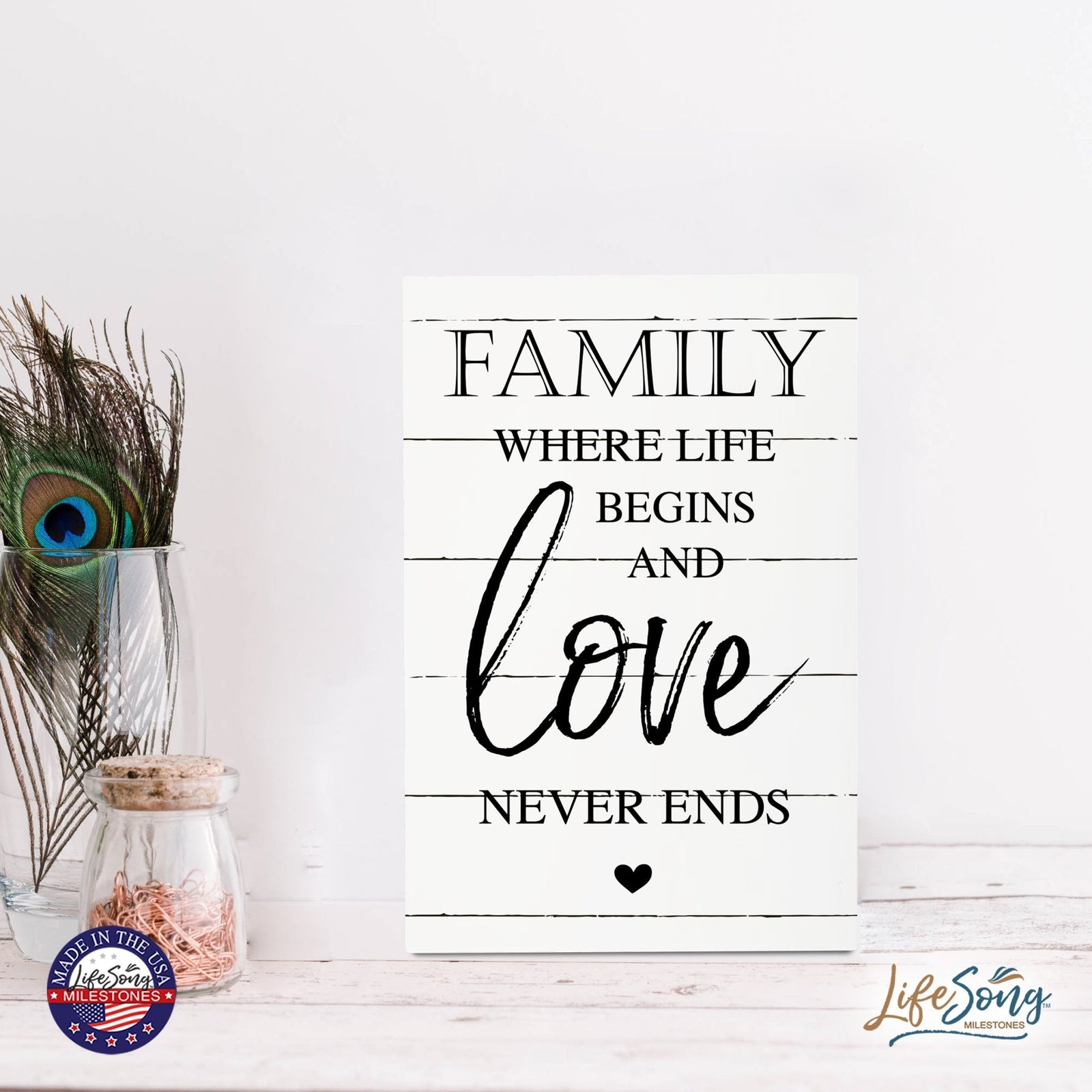 Wood Wall Sign with Inspirational Quote Family Where Life Begins (Heart) Table Top Home Office Desk Decoration 5.5x8in - LifeSong Milestones