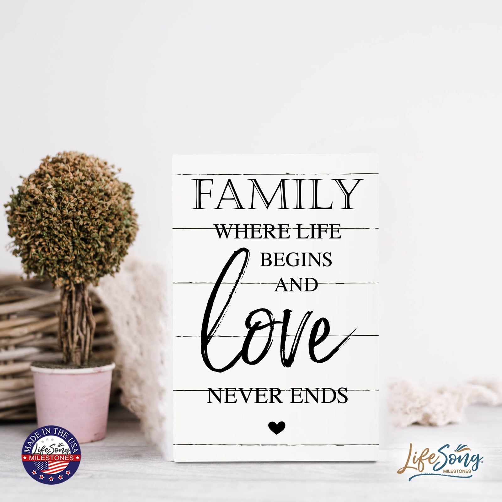 Wood Wall Sign with Inspirational Quote Family Where Life Begins (Heart) Table Top Home Office Desk Decoration 5.5x8in - LifeSong Milestones