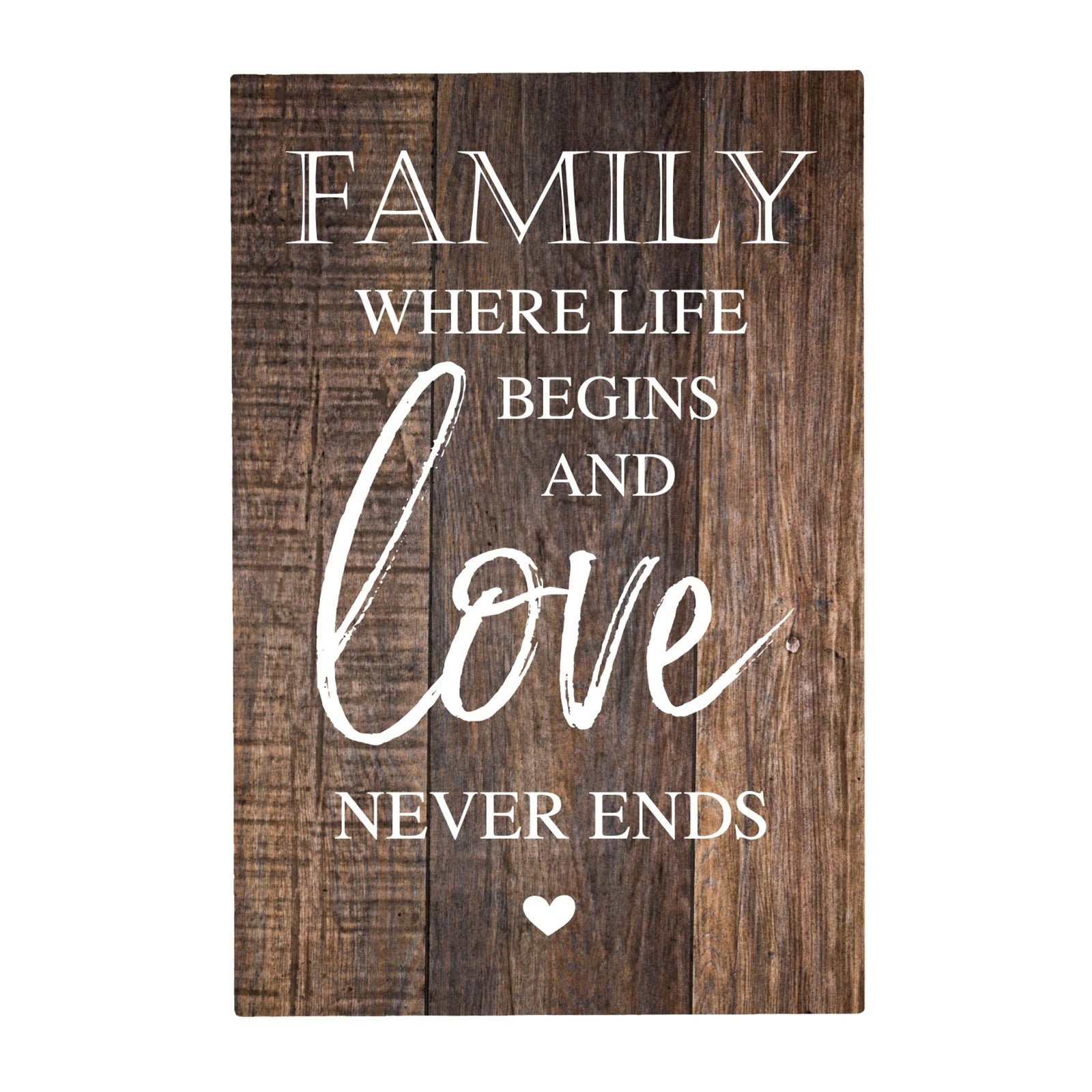 Wood Wall Sign with Inspirational Quote Family Where Life Begins (Heart) Table Top Home Office Desk Decoration 5.5x8in - LifeSong Milestones