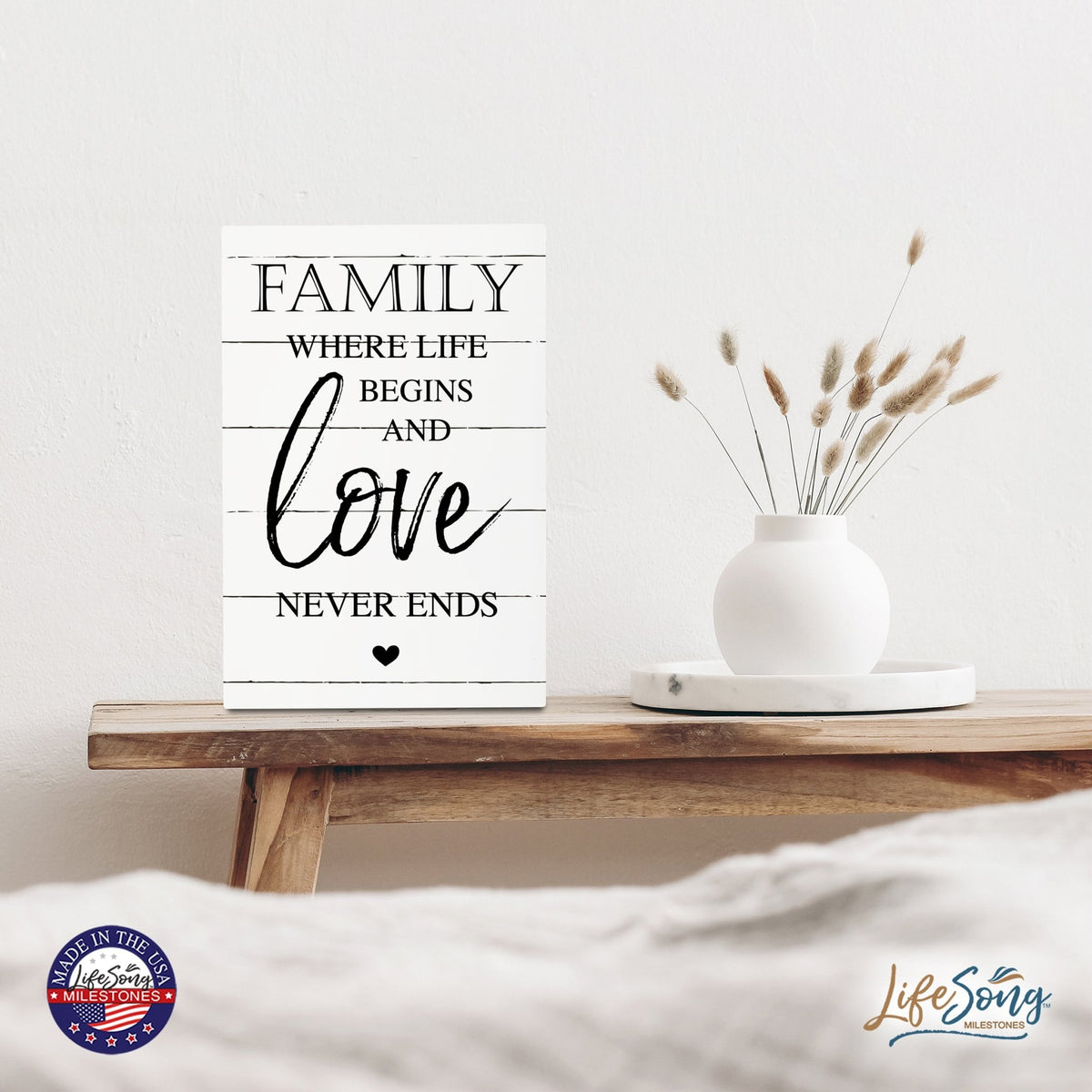 Wood Wall Sign with Inspirational Quote Family Where Life Begins (Heart) Table Top Home Office Desk Decoration 5.5x8in - LifeSong Milestones