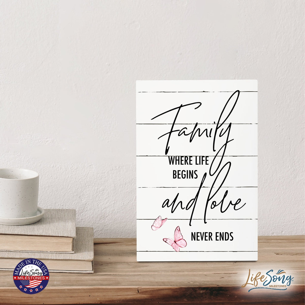 Wood Wall Sign with Inspirational Quote Family Where Life Begins (Pink) Table Top Home Office Desk Decoration 5.5x8in - LifeSong Milestones