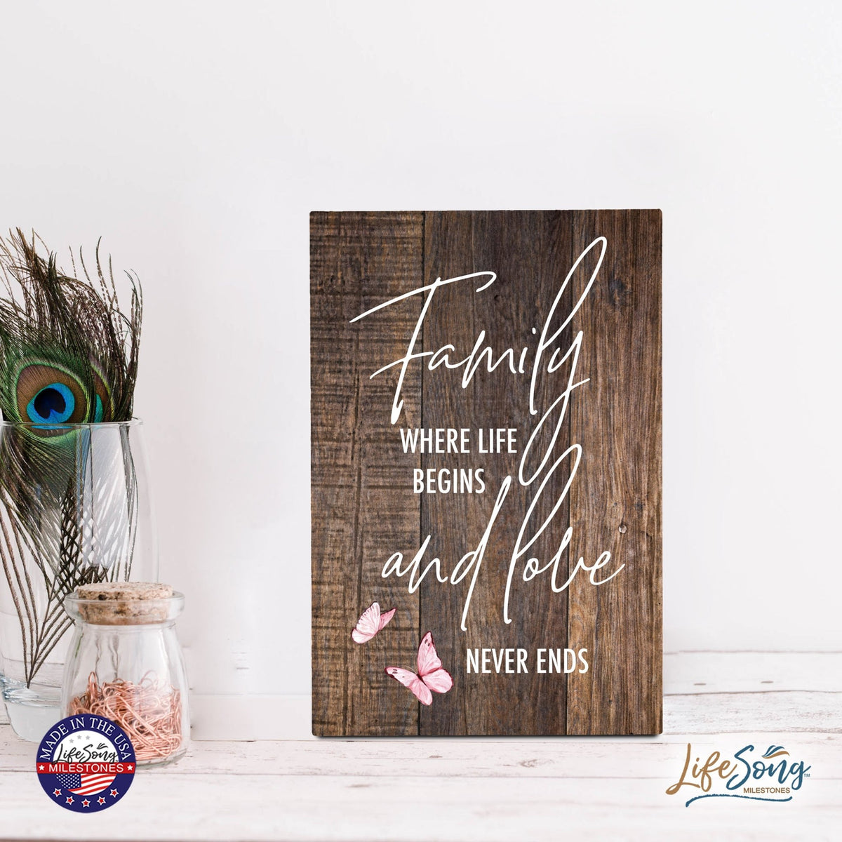 Wood Wall Sign with Inspirational Quote Family Where Life Begins (Pink) Table Top Home Office Desk Decoration 5.5x8in - LifeSong Milestones