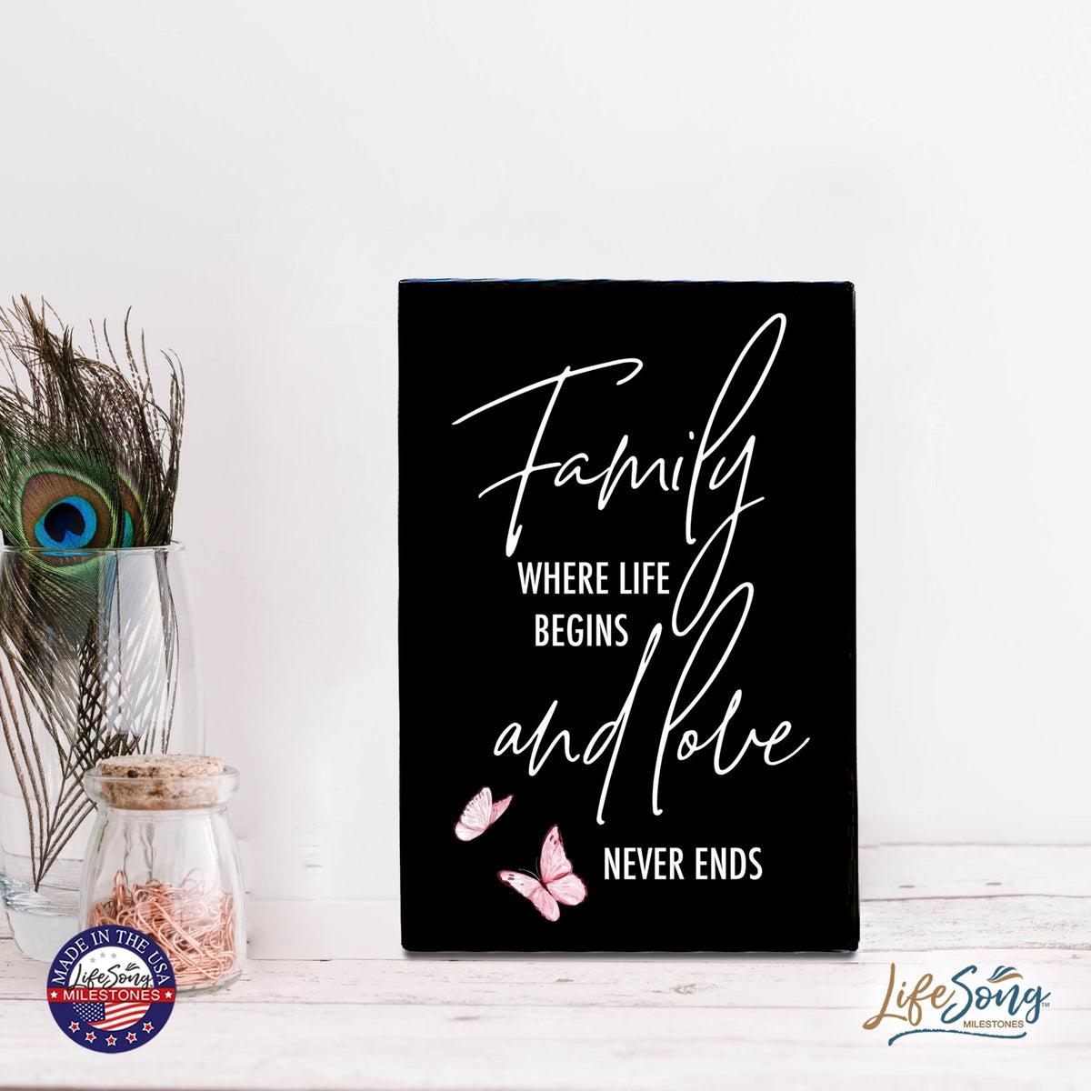 Wood Wall Sign with Inspirational Quote Family Where Life Begins (Pink) Table Top Home Office Desk Decoration 5.5x8in - LifeSong Milestones