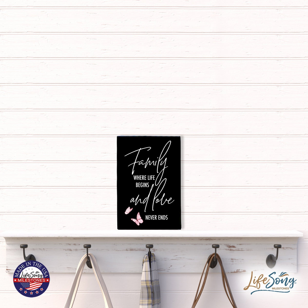 Wood Wall Sign with Inspirational Quote Family Where Life Begins (Pink) Table Top Home Office Desk Decoration 5.5x8in - LifeSong Milestones